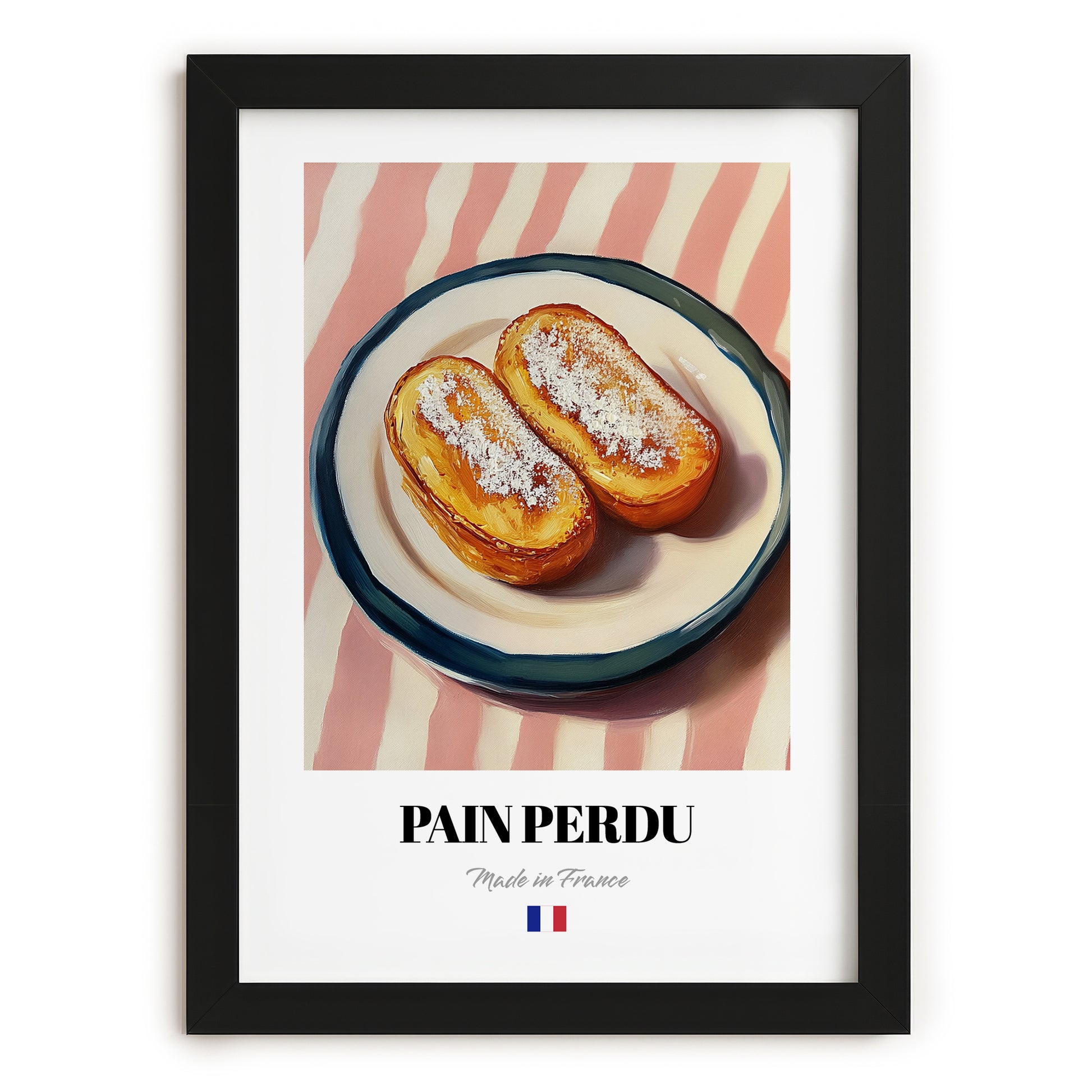 Pain Perdu – on Striped Tablecloth, French French Dessert Still Life, in sleek black frame