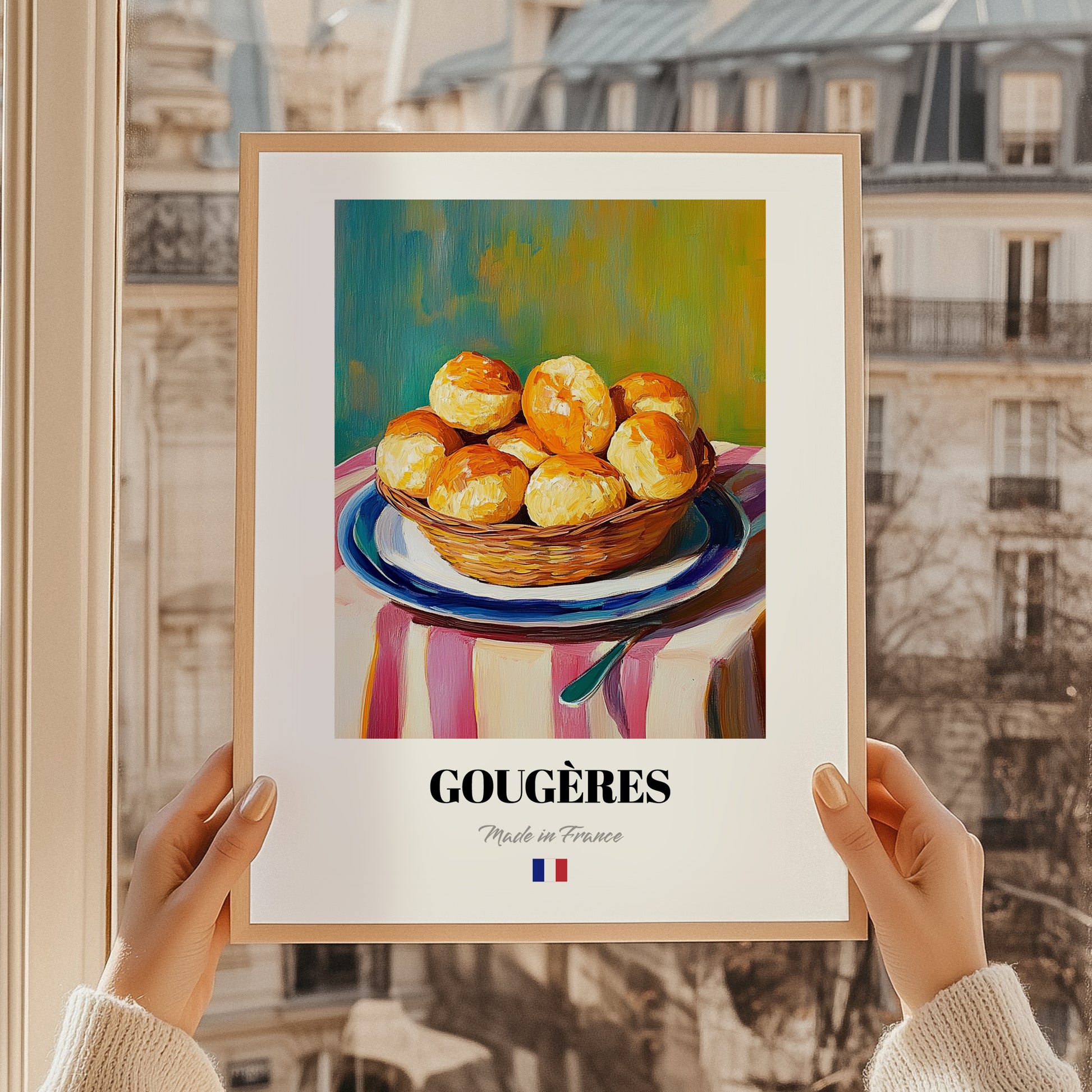 Gougères – Art, French French Pastry Poster, styled in a charming Paris street view