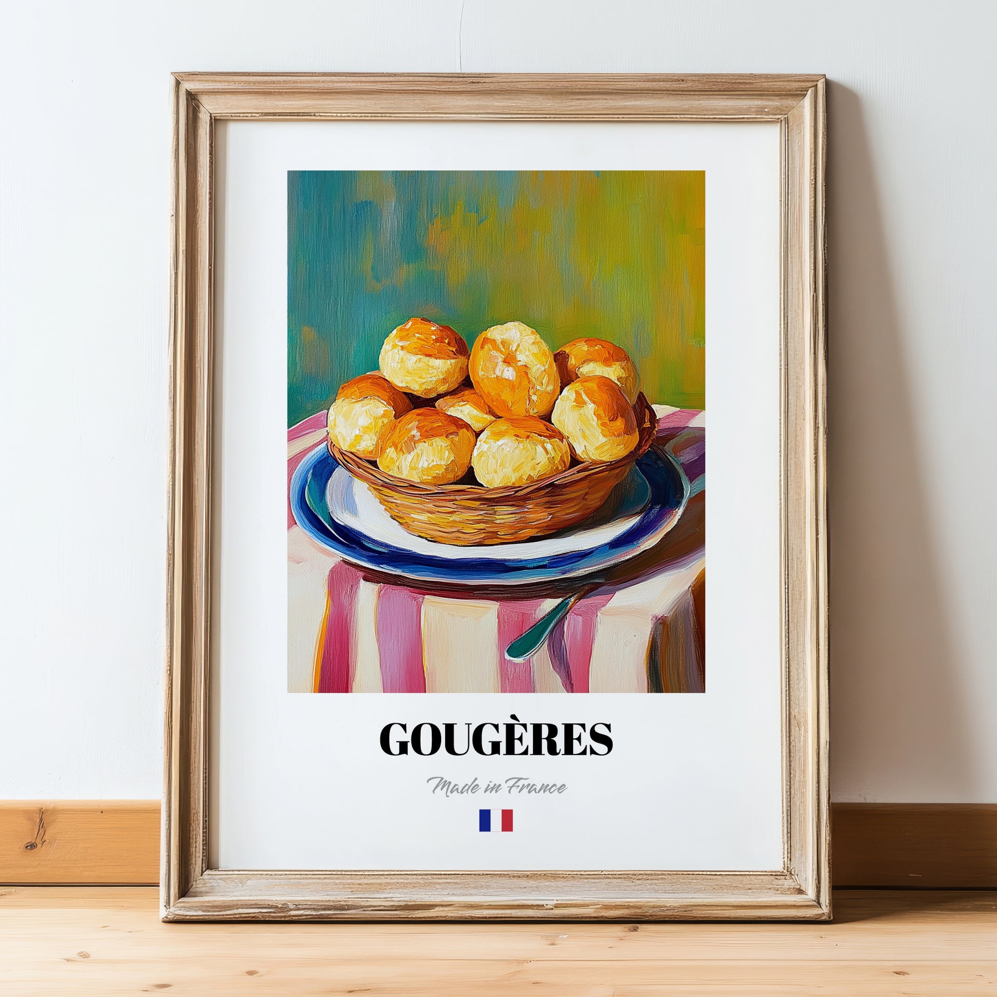 Gougères – Art, French French Pastry Poster, in wooden frame leaning on the floor