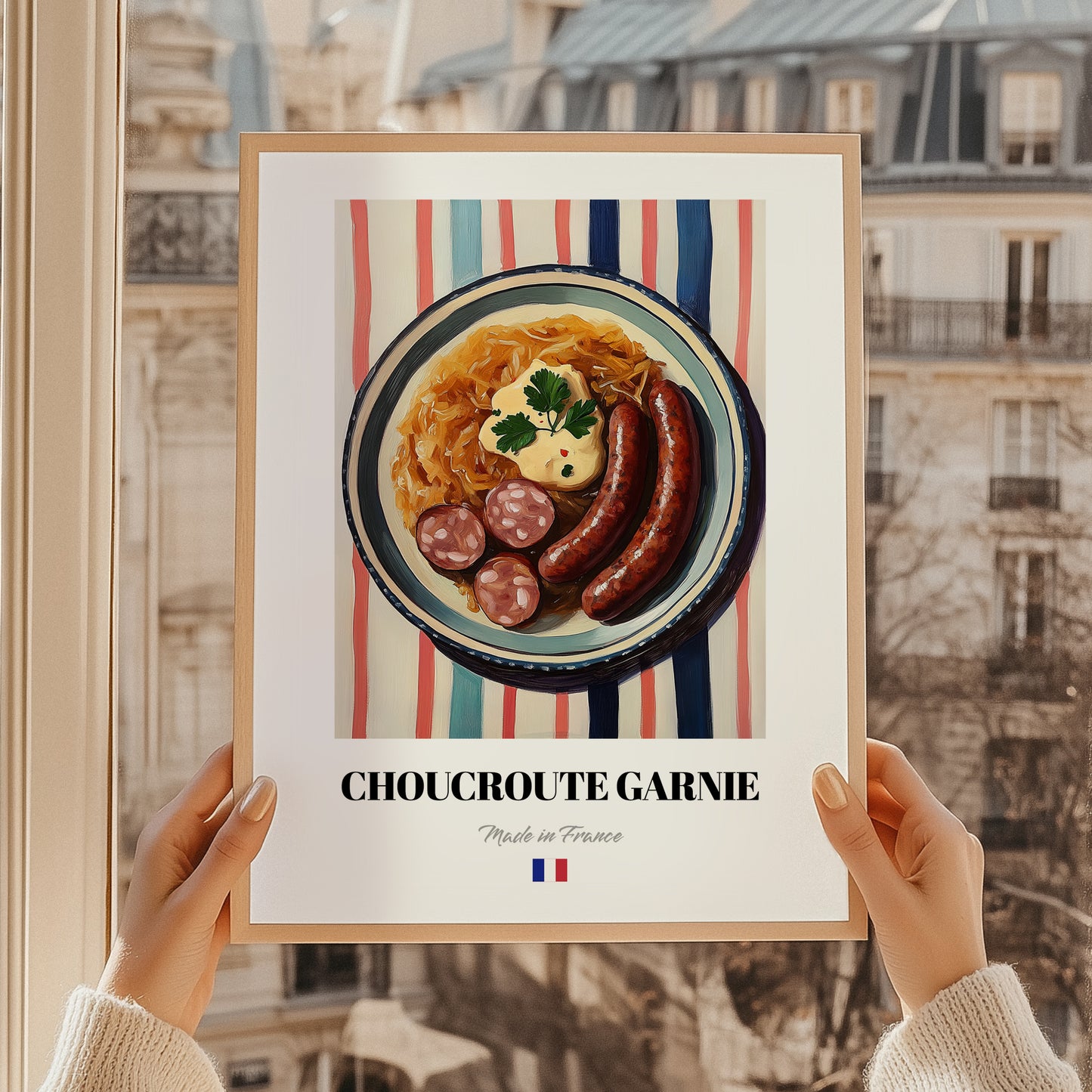 Choucroute Garnie – on Striped Tablecloth, French Food Wall Decor, styled in a charming Paris street view