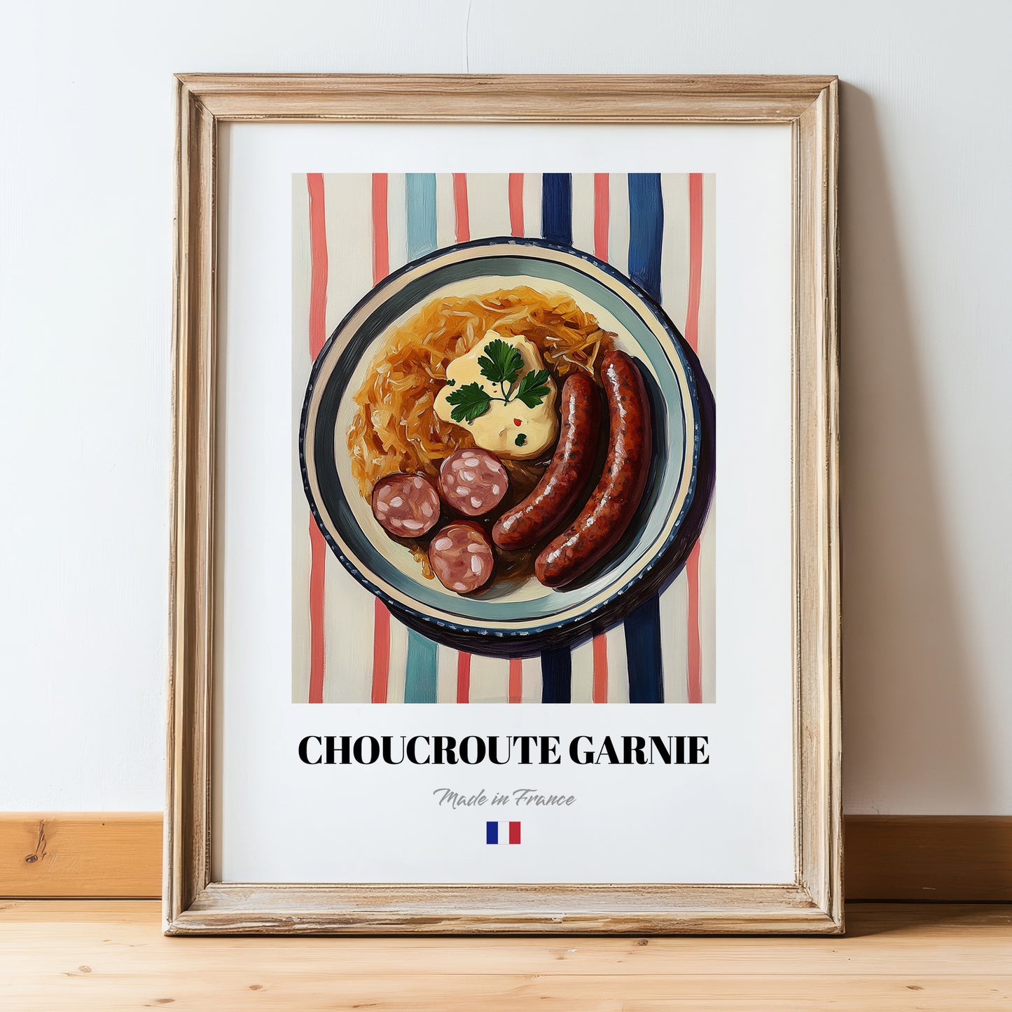 Choucroute Garnie – on Striped Tablecloth, French Food Wall Decor, in wooden frame leaning on the floor