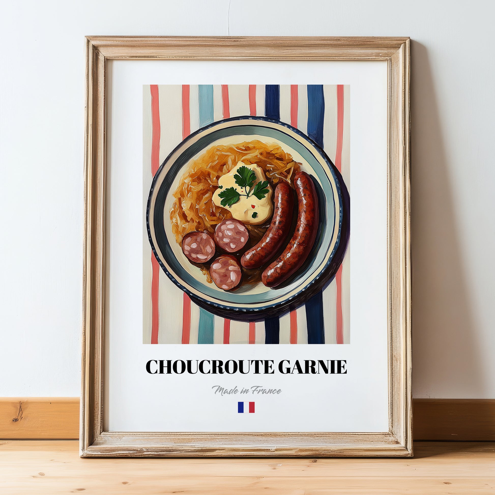Choucroute Garnie – on Striped Tablecloth, French Food Wall Decor, in wooden frame leaning on the floor