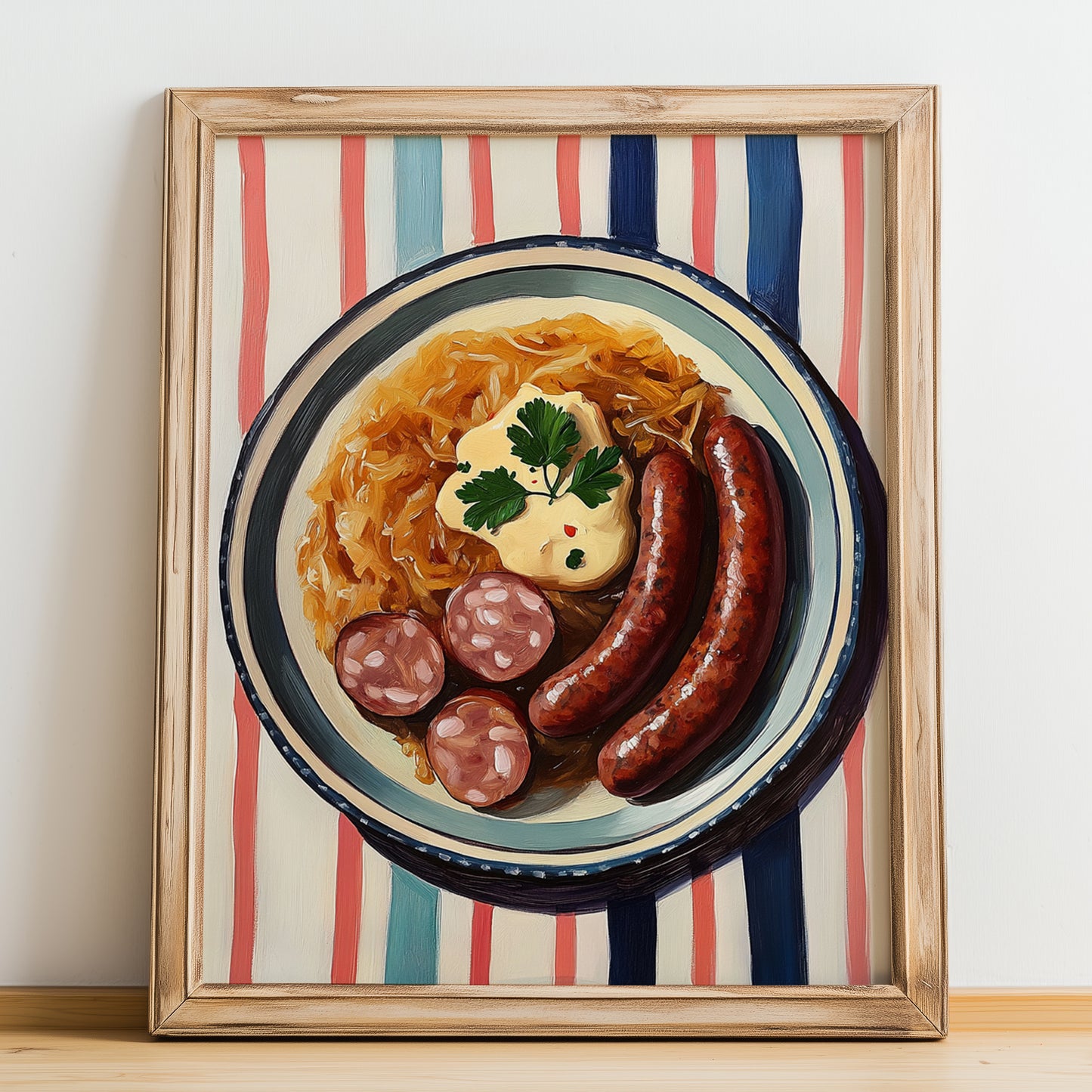 Choucroute Garnie – on Striped Tablecloth, French Food Wall Decor, no-text version framed in wood