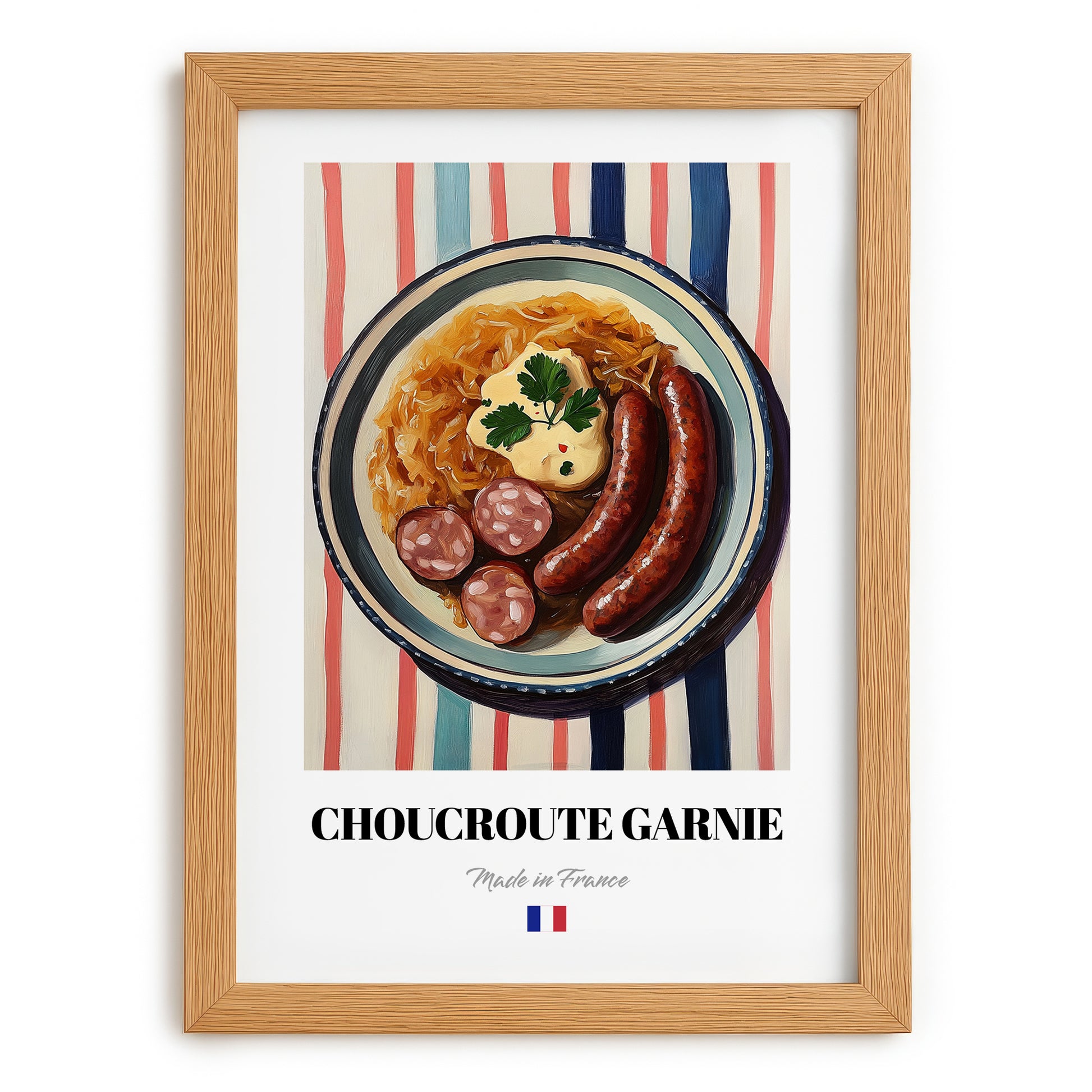 Choucroute Garnie – on Striped Tablecloth, French Food Wall Decor, set in oak frame
