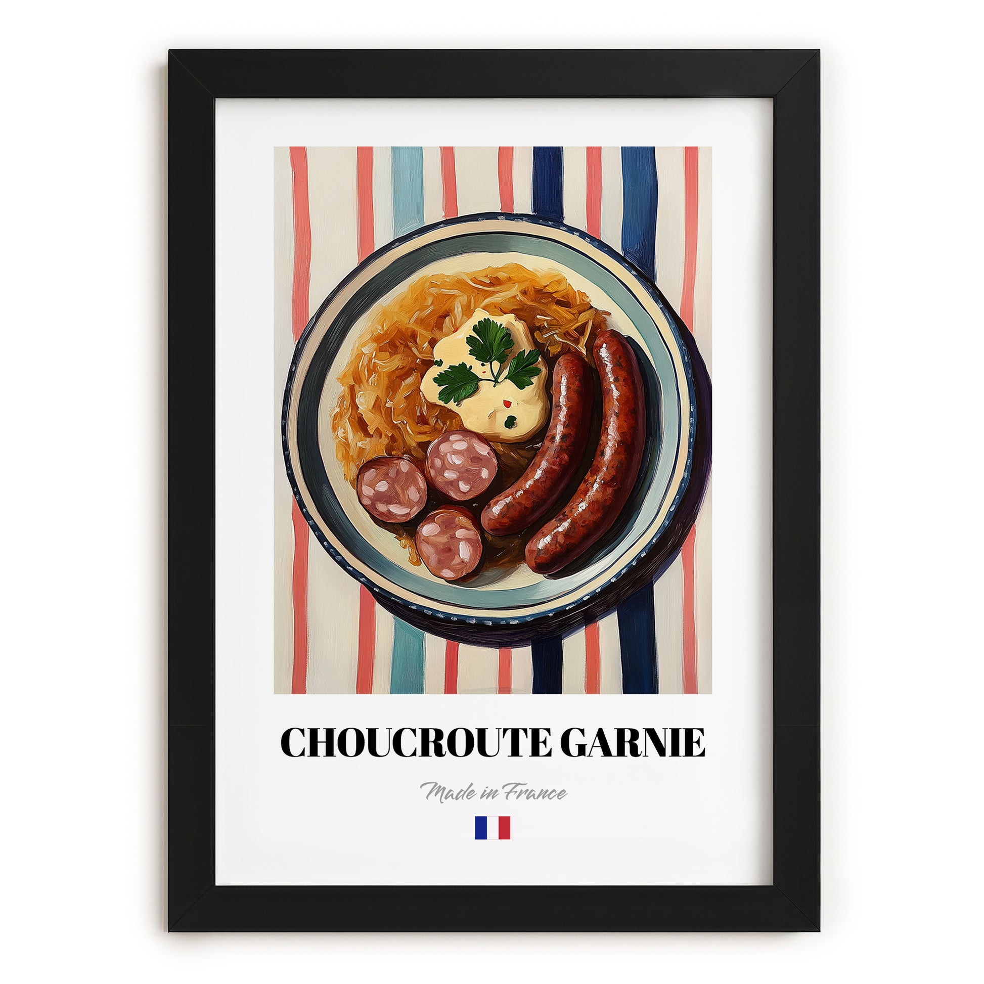 Choucroute Garnie – on Striped Tablecloth, French Food Wall Decor, in sleek black frame