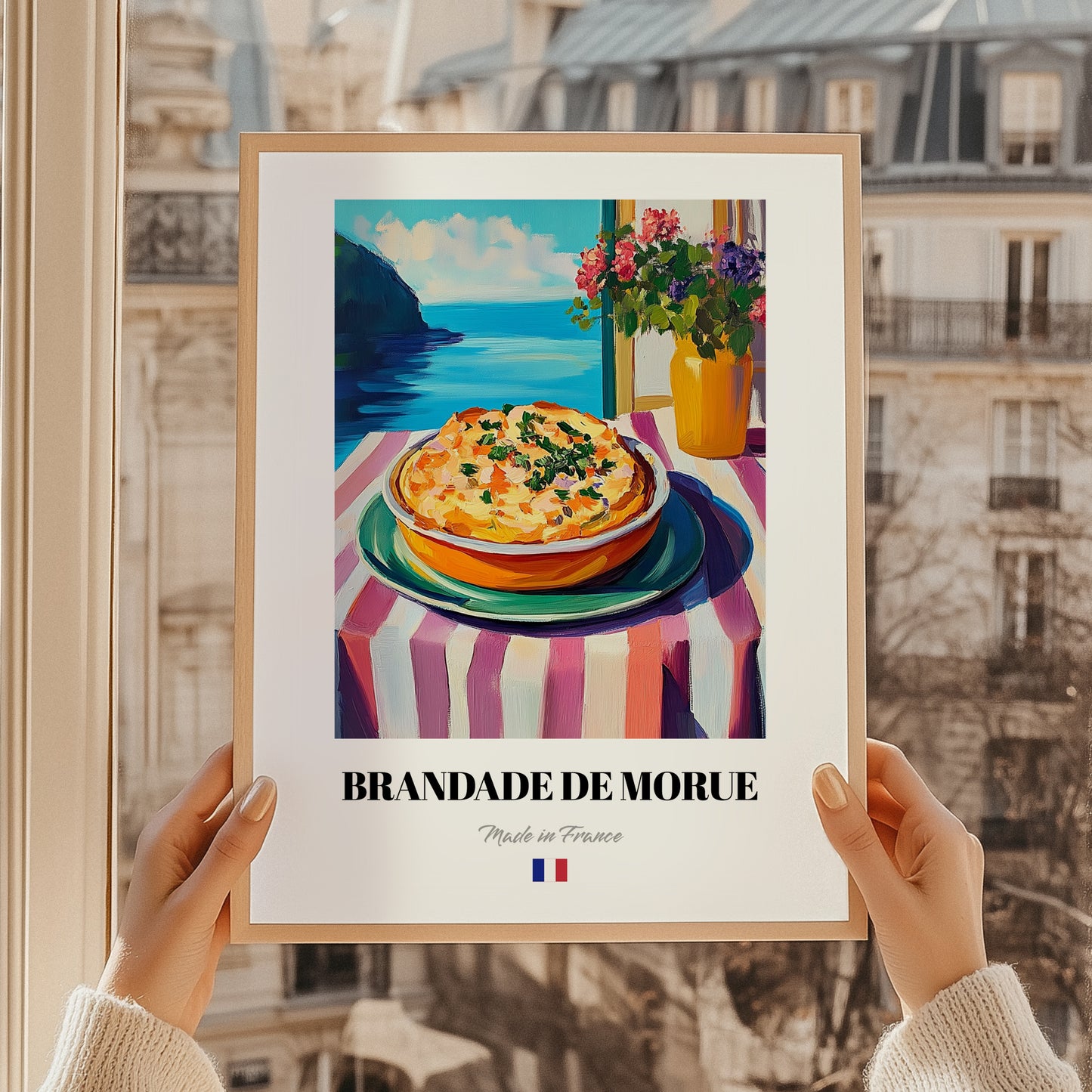 Brandade de Morue – Art, French Food Print, styled in a charming Paris street view