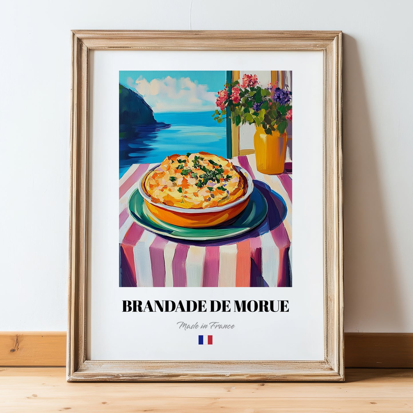 Brandade de Morue – Art, French Food Print, in wooden frame leaning on the floor