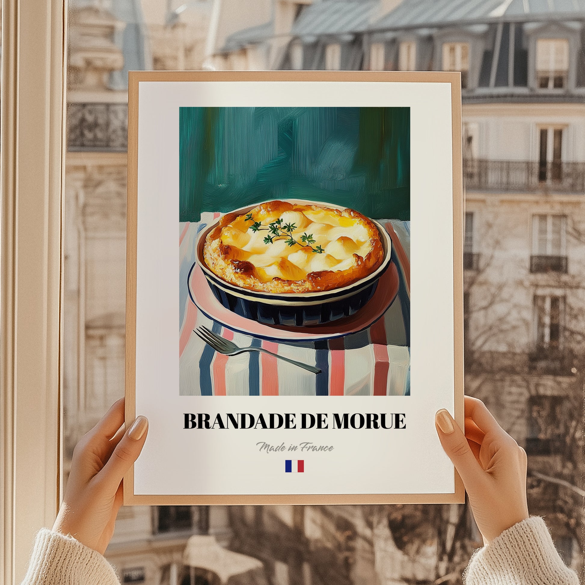 Brandade de Morue – on Striped Tablecloth, French Food Painting, styled in a charming Paris street view
