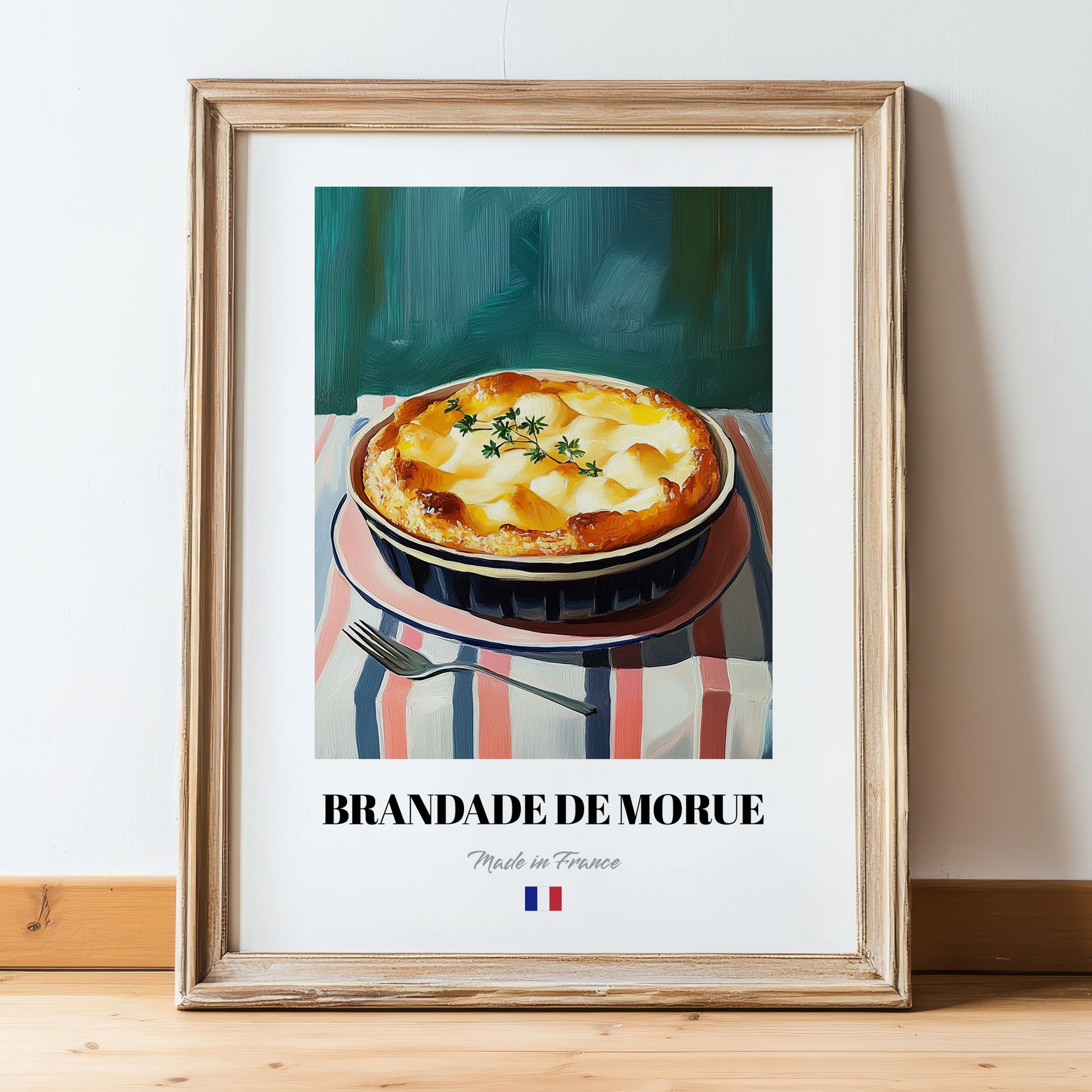 Brandade de Morue – on Striped Tablecloth, French Food Painting, in wooden frame leaning on the floor
