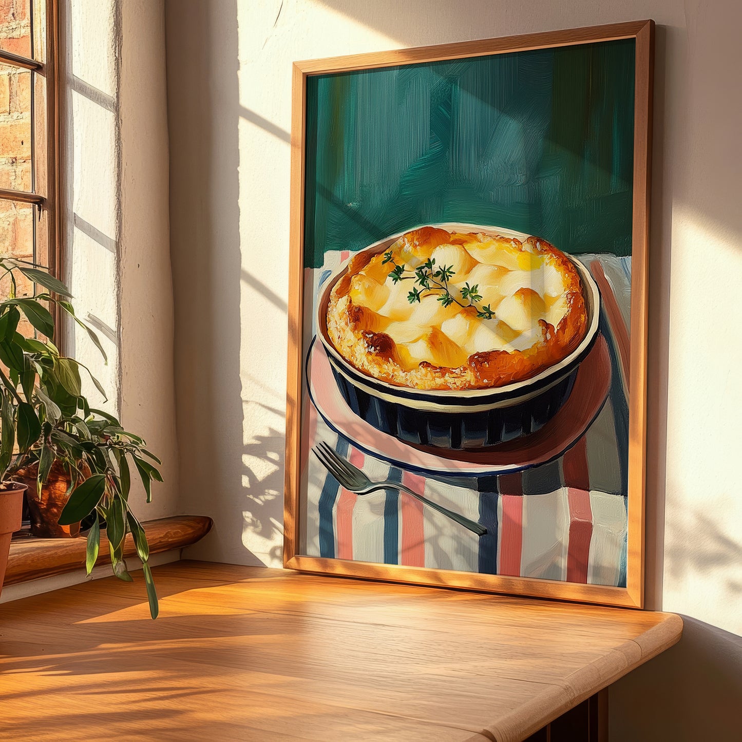 Brandade de Morue – on Striped Tablecloth, French Food Painting, clean layout with no caption
