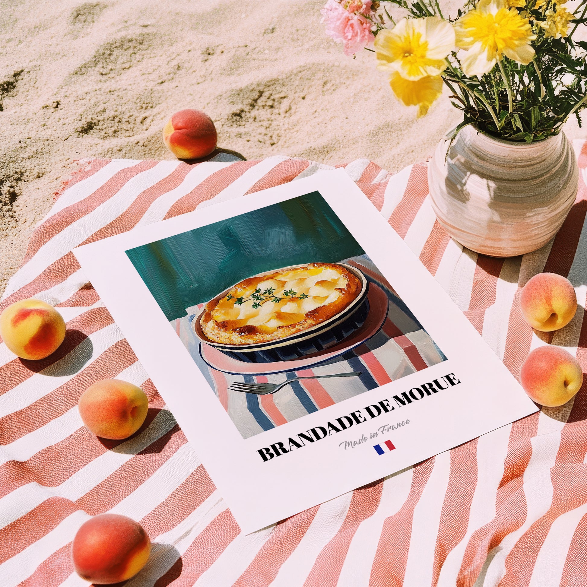Brandade de Morue – on Striped Tablecloth, French Food Painting, unframed on coastal sand