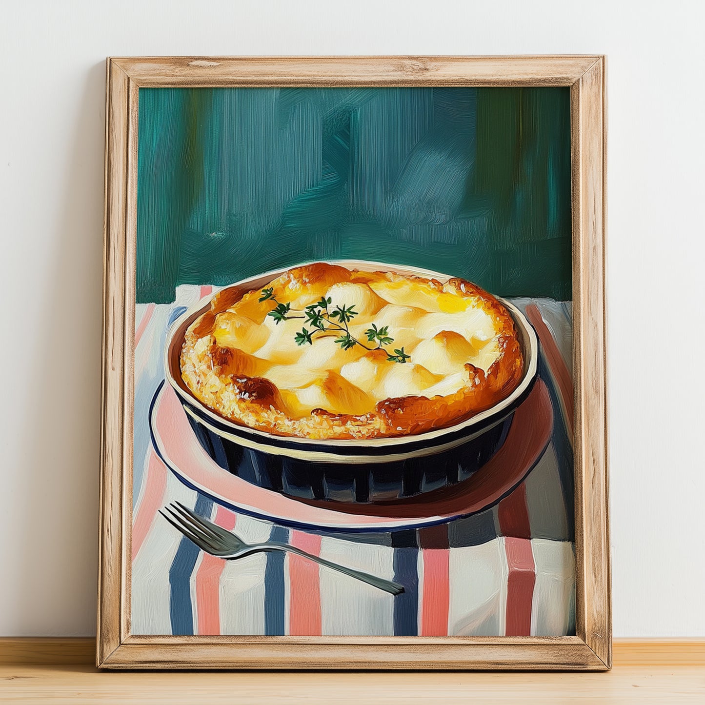 Brandade de Morue – on Striped Tablecloth, French Food Painting, no-text version framed in wood