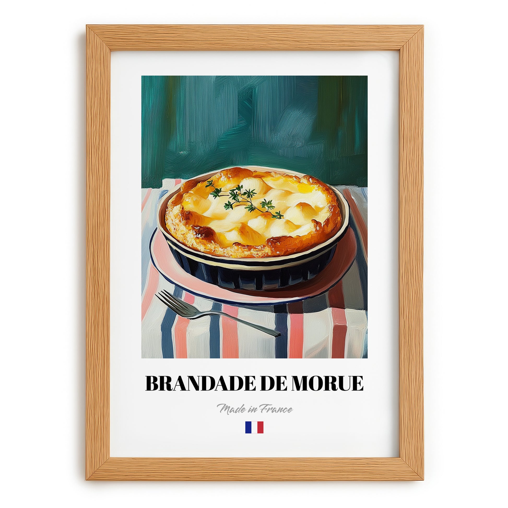 Brandade de Morue – on Striped Tablecloth, French Food Painting, set in oak frame
