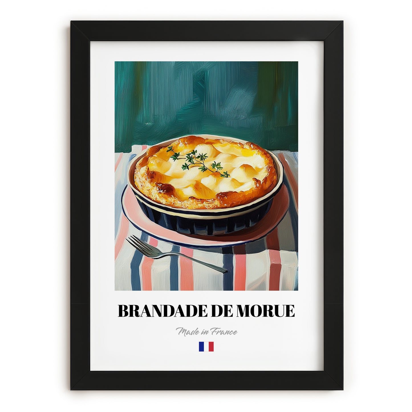 Brandade de Morue – on Striped Tablecloth, French Food Painting, in sleek black frame