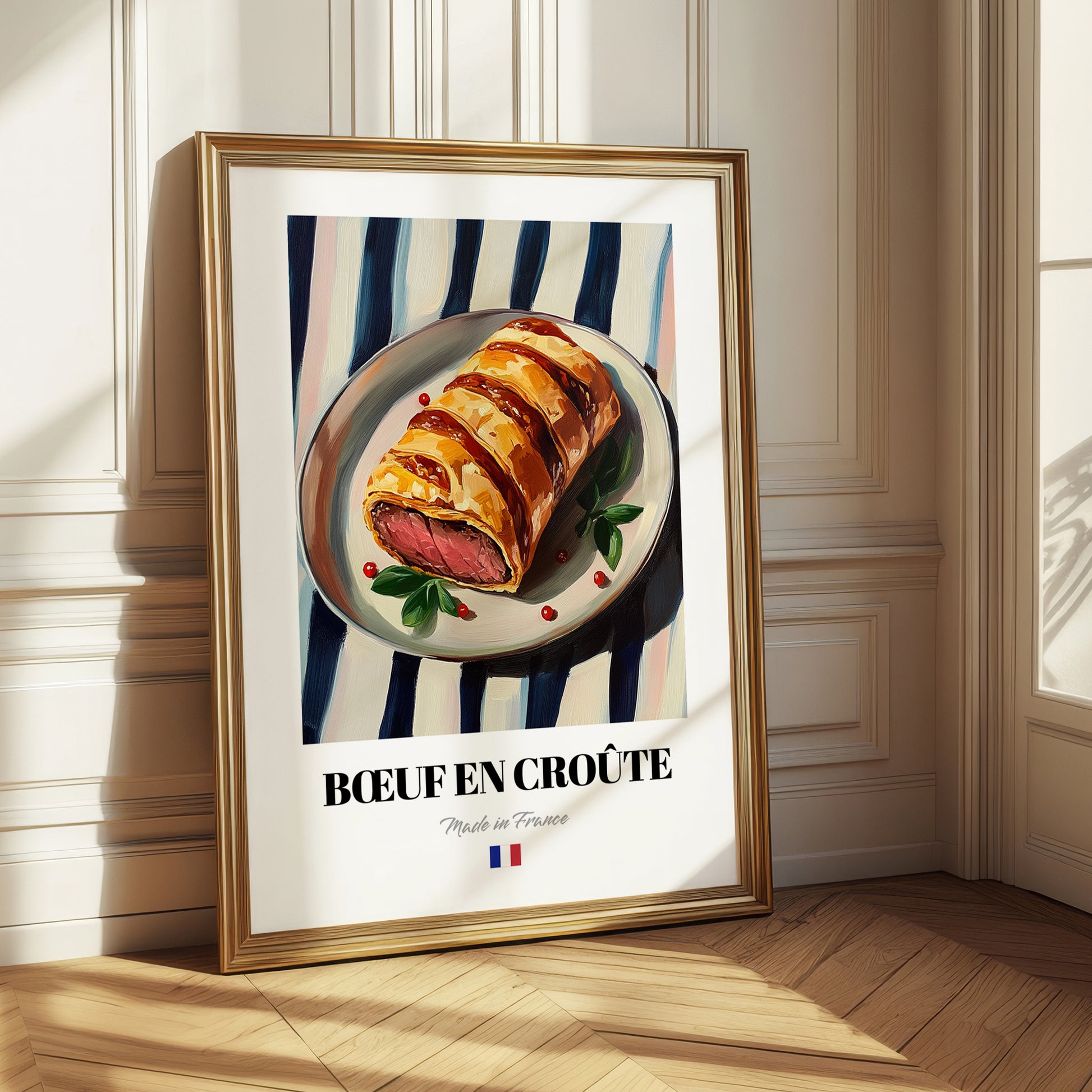 Bœuf en Croûte – on Striped Tablecloth, French Food Art