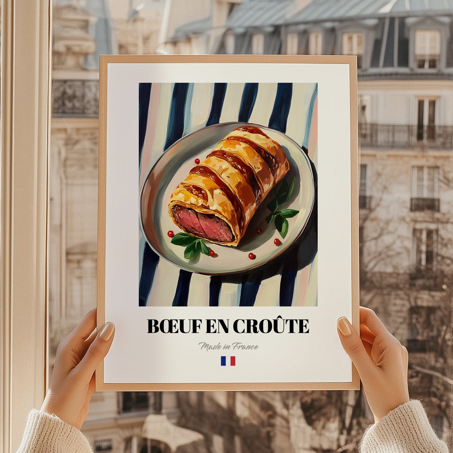 Bœuf en Croûte – on Striped Tablecloth, French Food Art, styled in a charming Paris street view