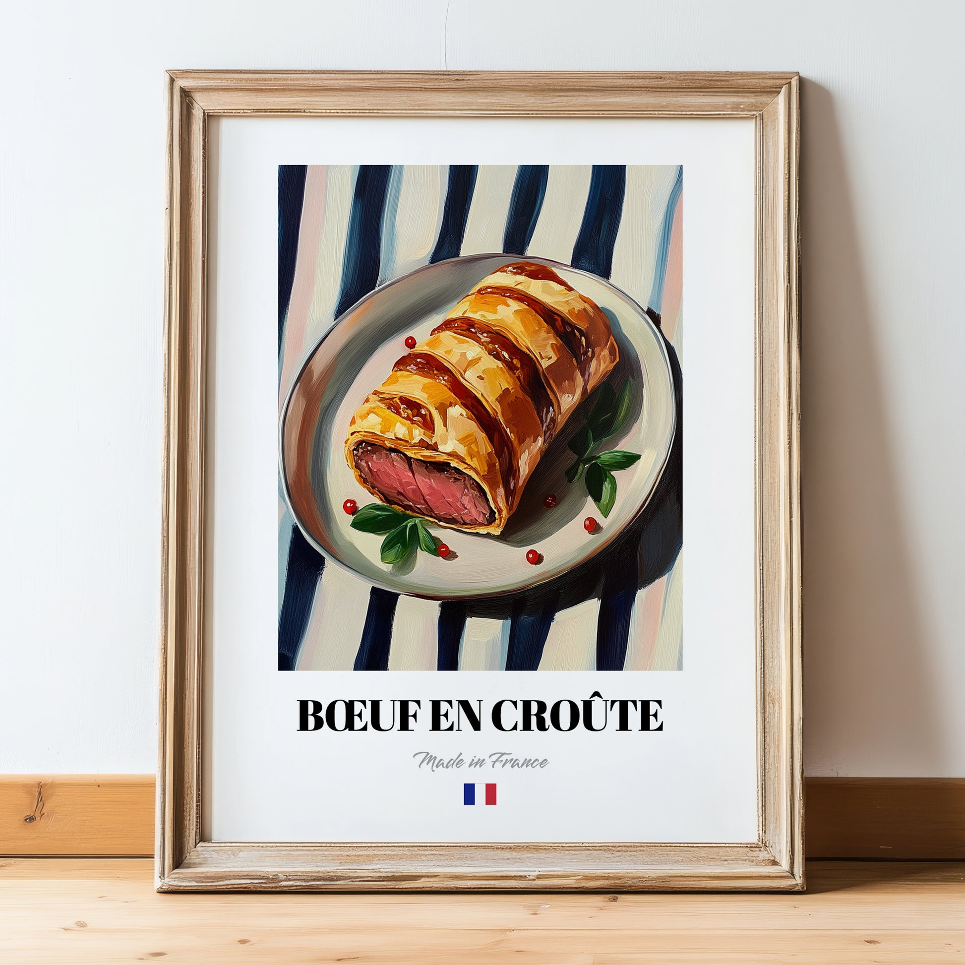 Bœuf en Croûte – on Striped Tablecloth, French Food Art, in wooden frame leaning on the floor