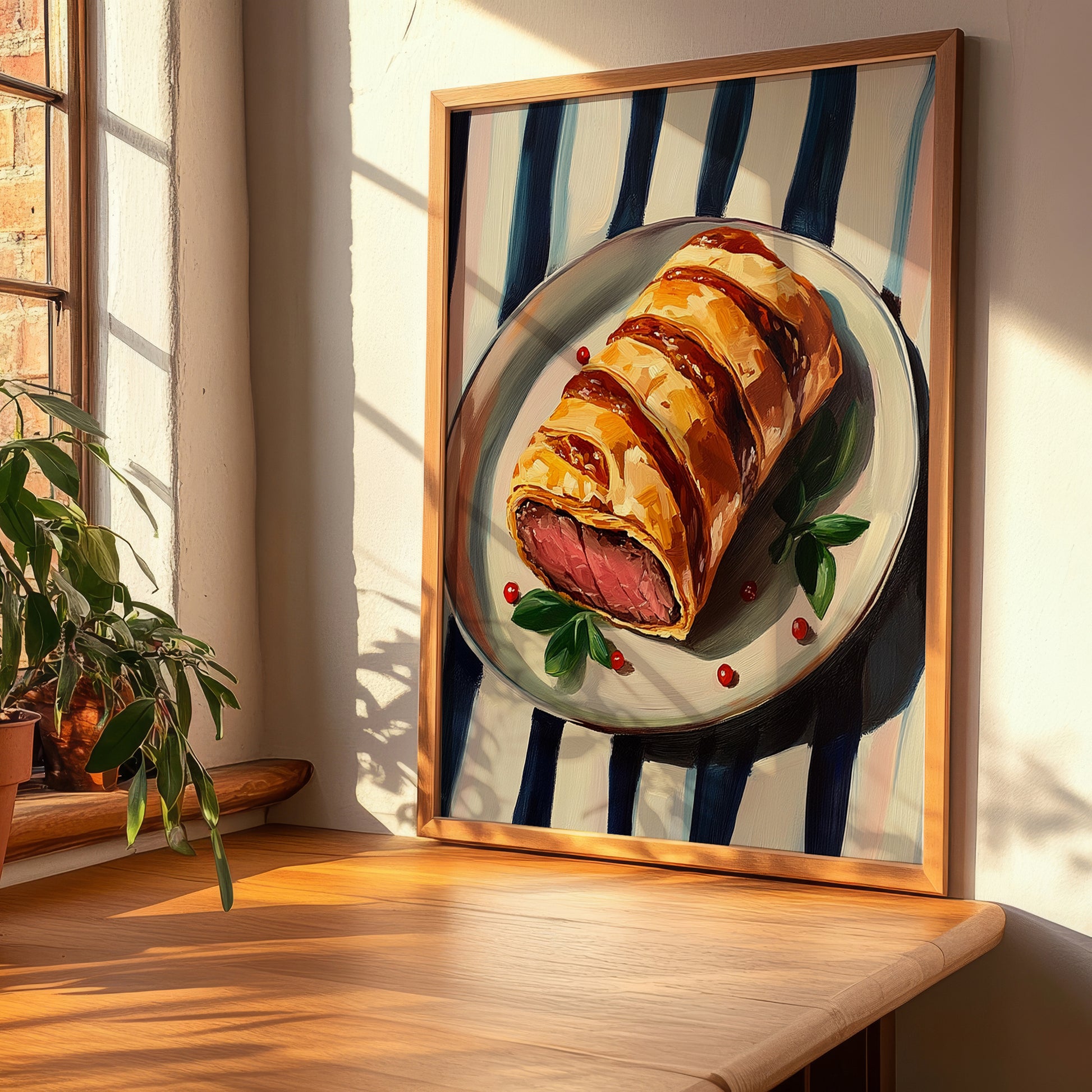 Bœuf en Croûte – on Striped Tablecloth, French Food Art, clean layout with no caption