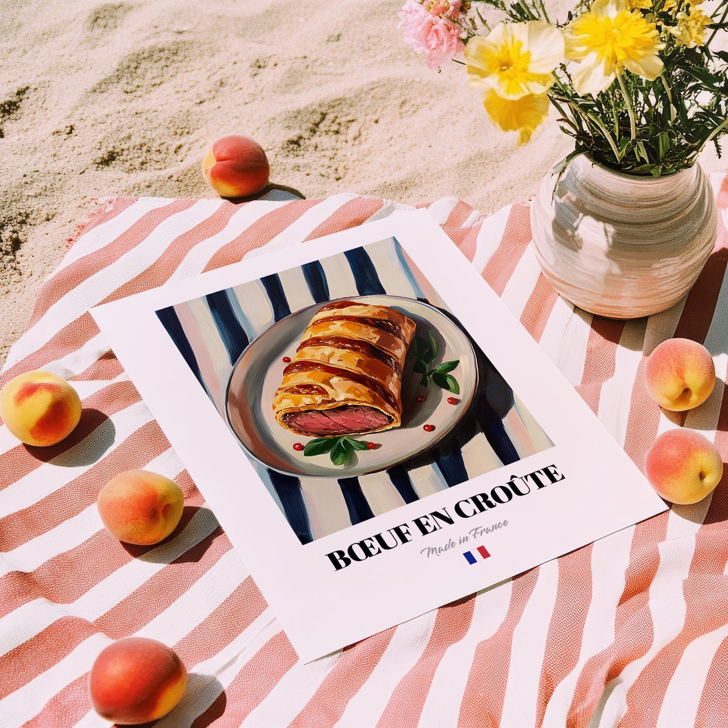 Bœuf en Croûte – on Striped Tablecloth, French Food Art, unframed on coastal sand