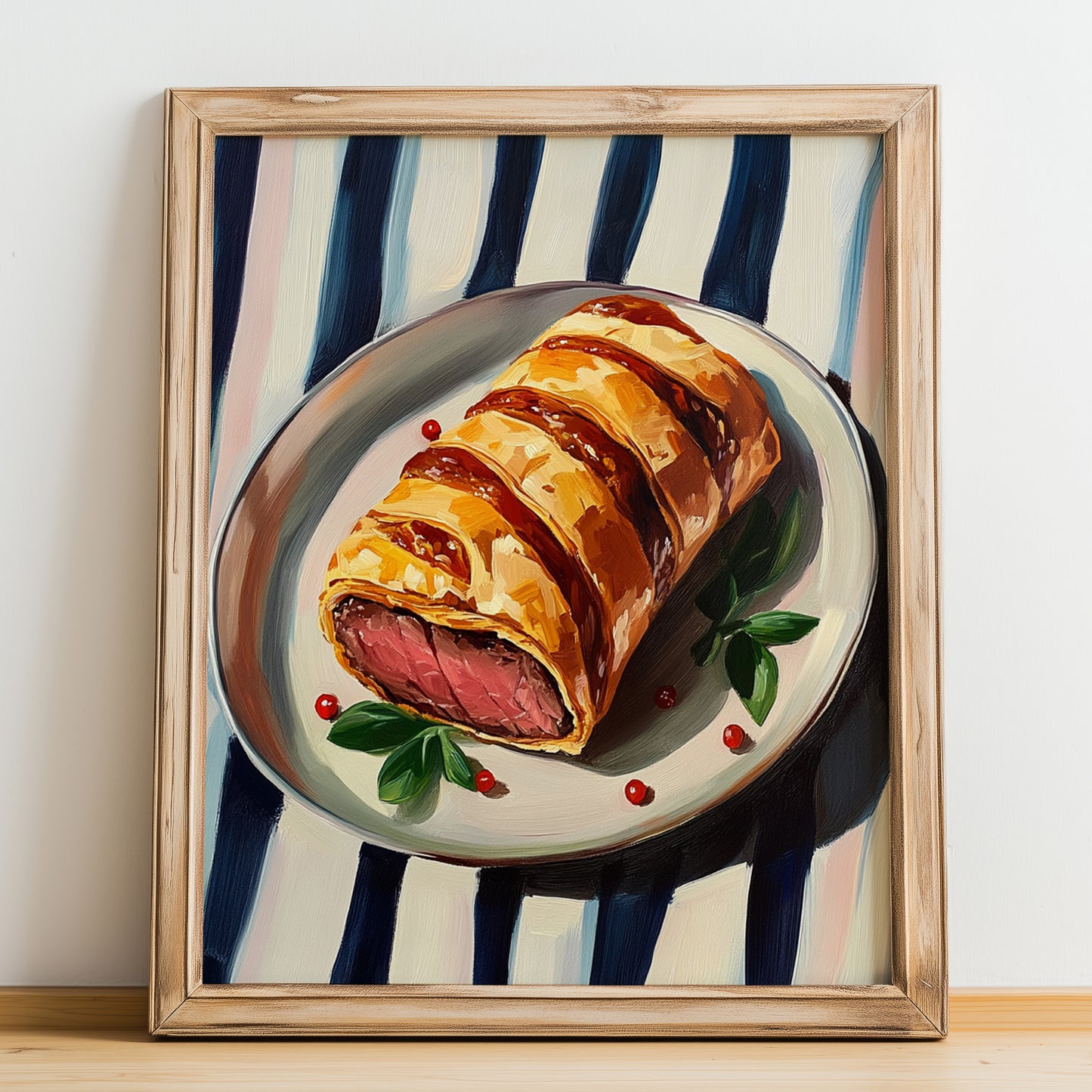 Bœuf en Croûte – on Striped Tablecloth, French Food Art, no-text version framed in wood