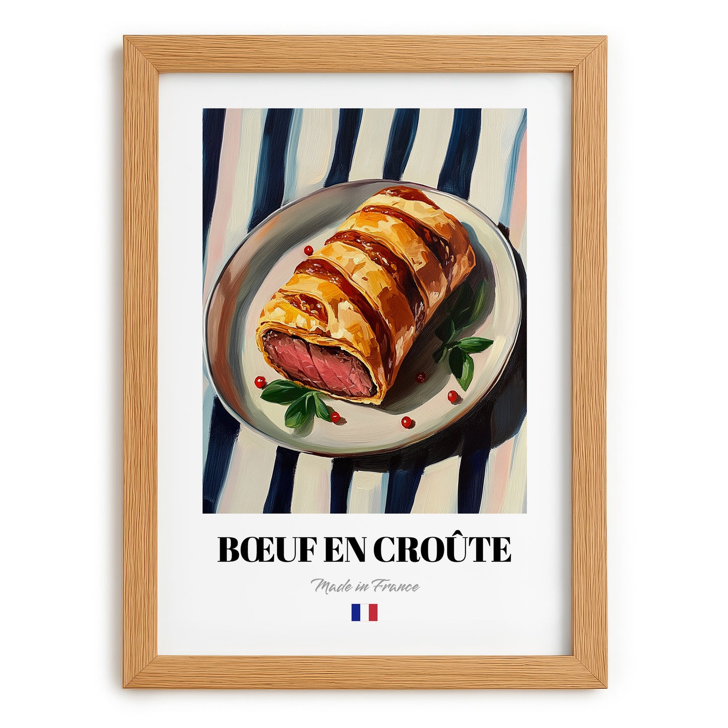 Bœuf en Croûte – on Striped Tablecloth, French Food Art, set in oak frame