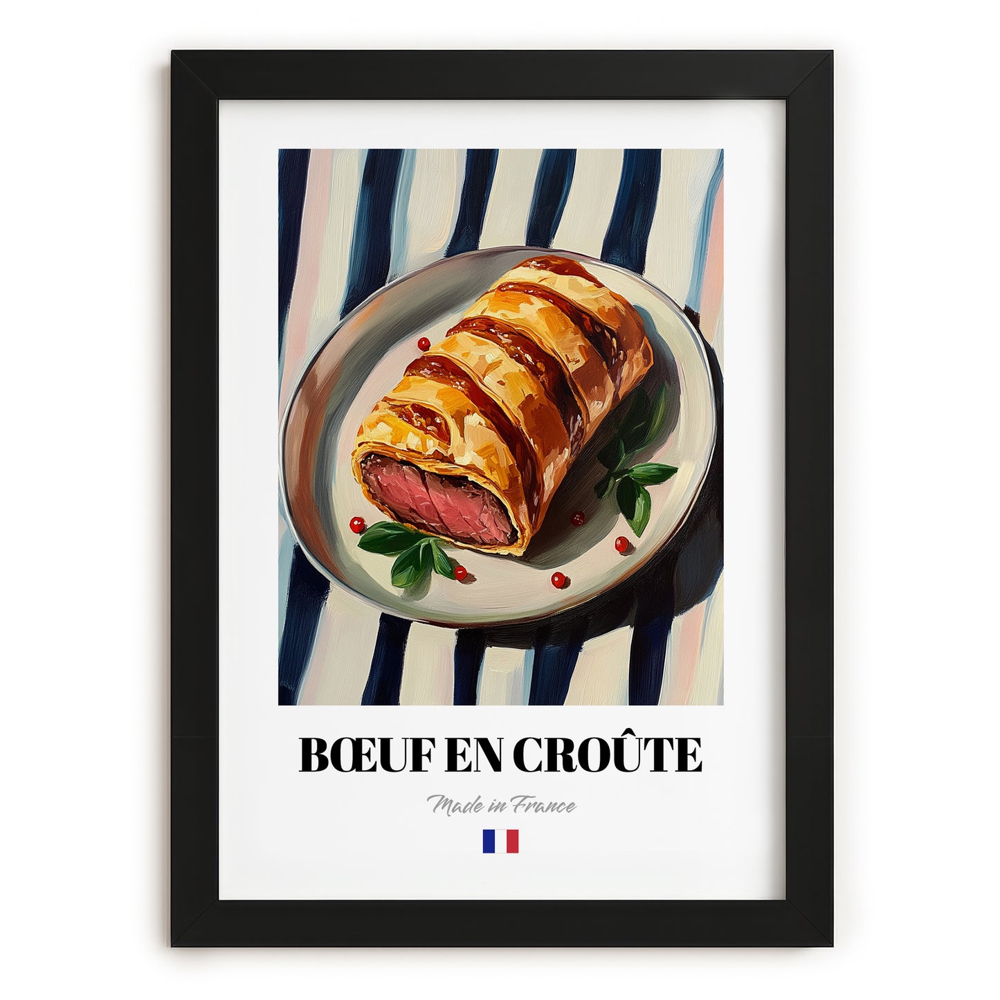 Bœuf en Croûte – on Striped Tablecloth, French Food Art, in sleek black frame