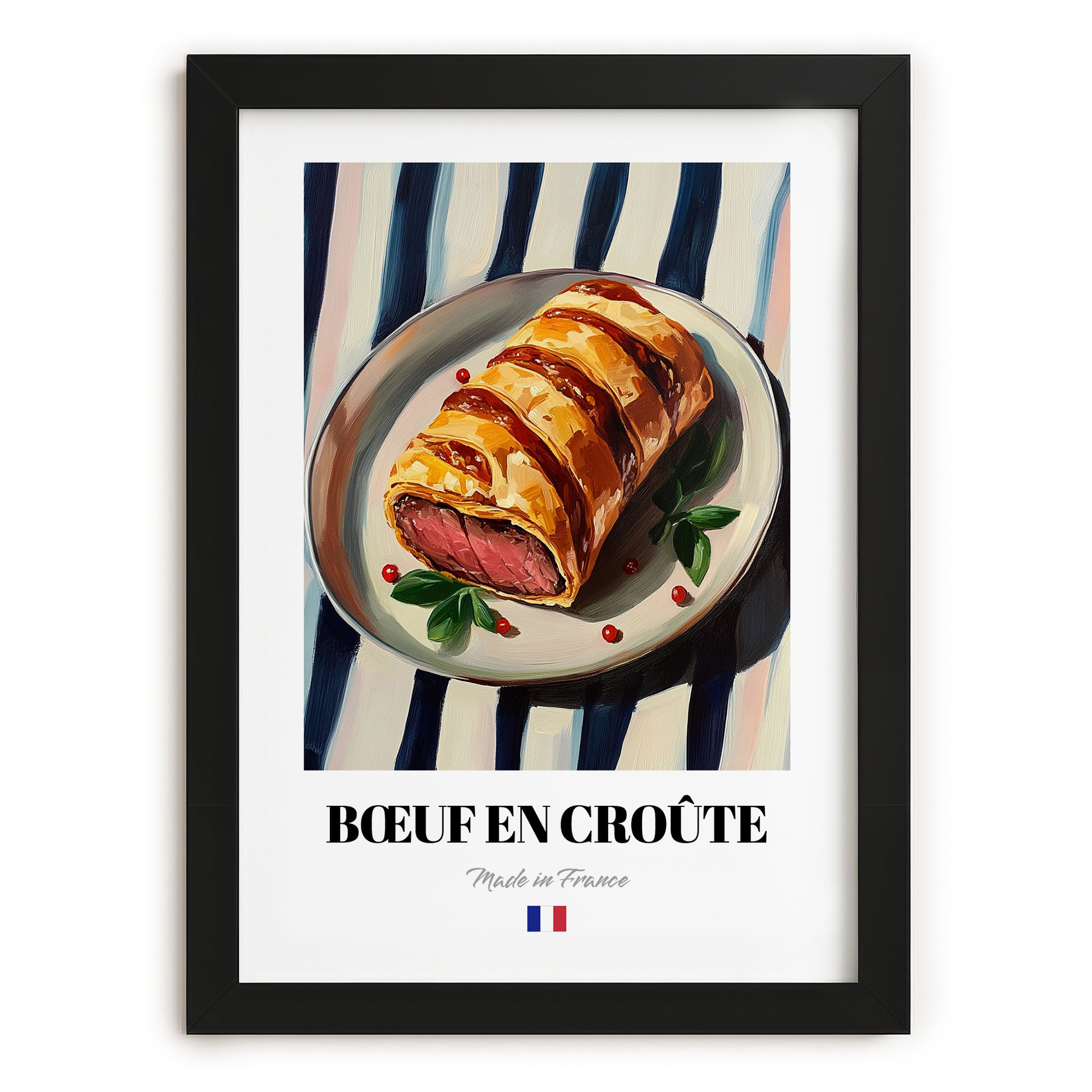 Bœuf en Croûte – on Striped Tablecloth, French Food Art, in sleek black frame