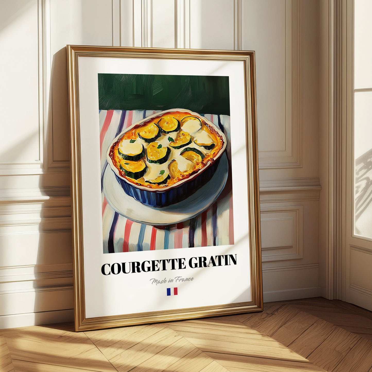 Courgette Gratin – on Striped Tablecloth, French Food Poster