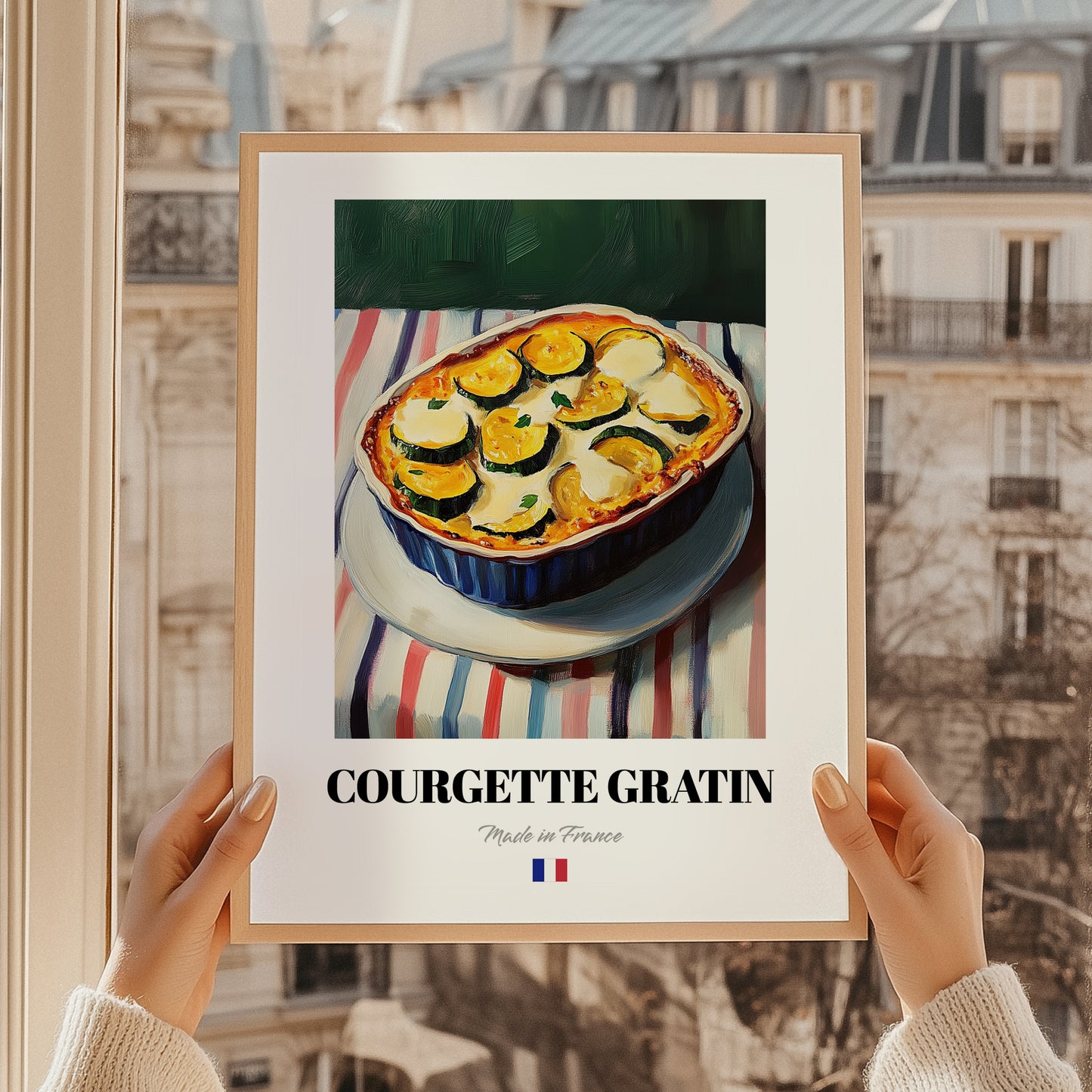 Courgette Gratin – on Striped Tablecloth, French Food Poster, styled in a charming Paris street view