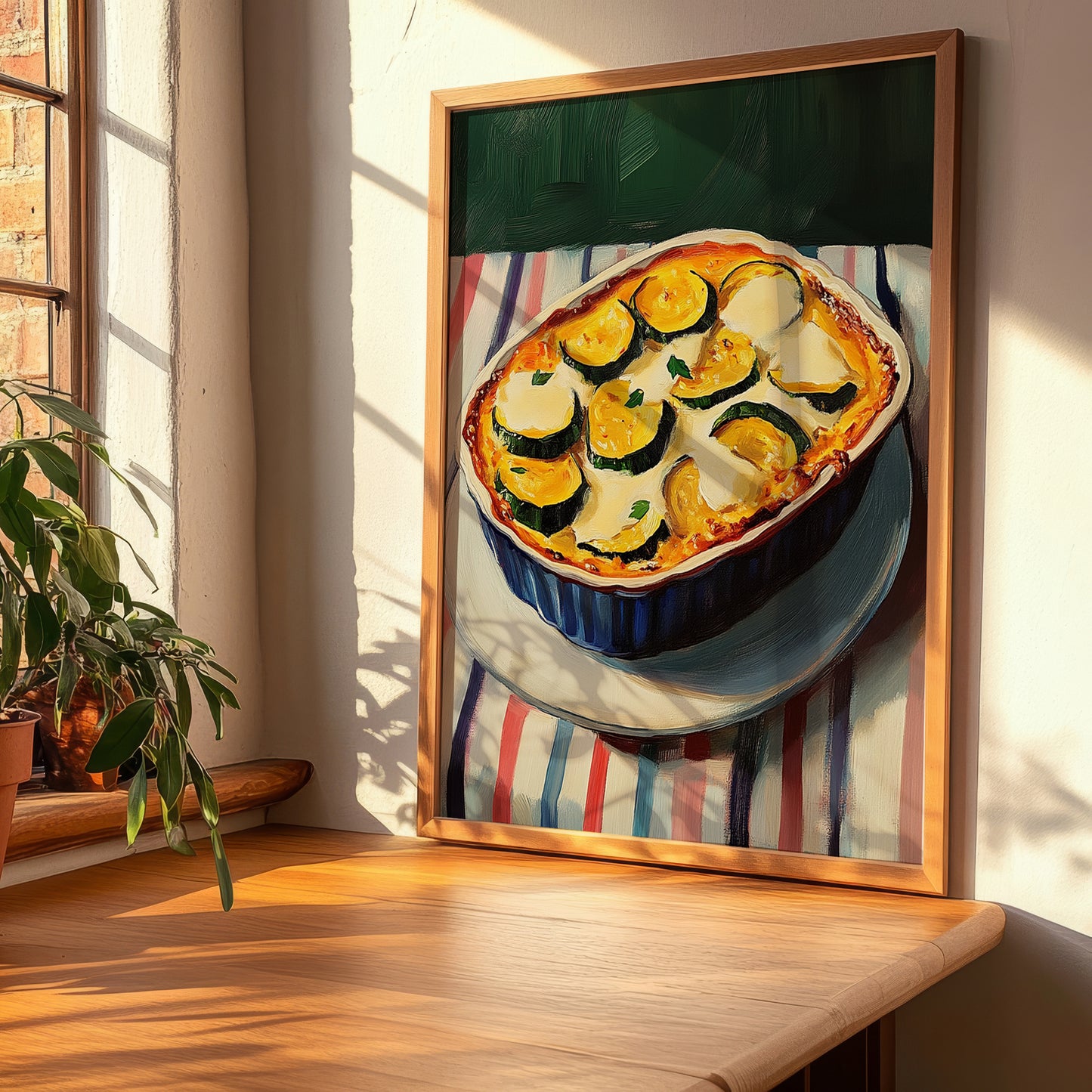 Courgette Gratin – on Striped Tablecloth, French Food Poster, clean layout with no caption