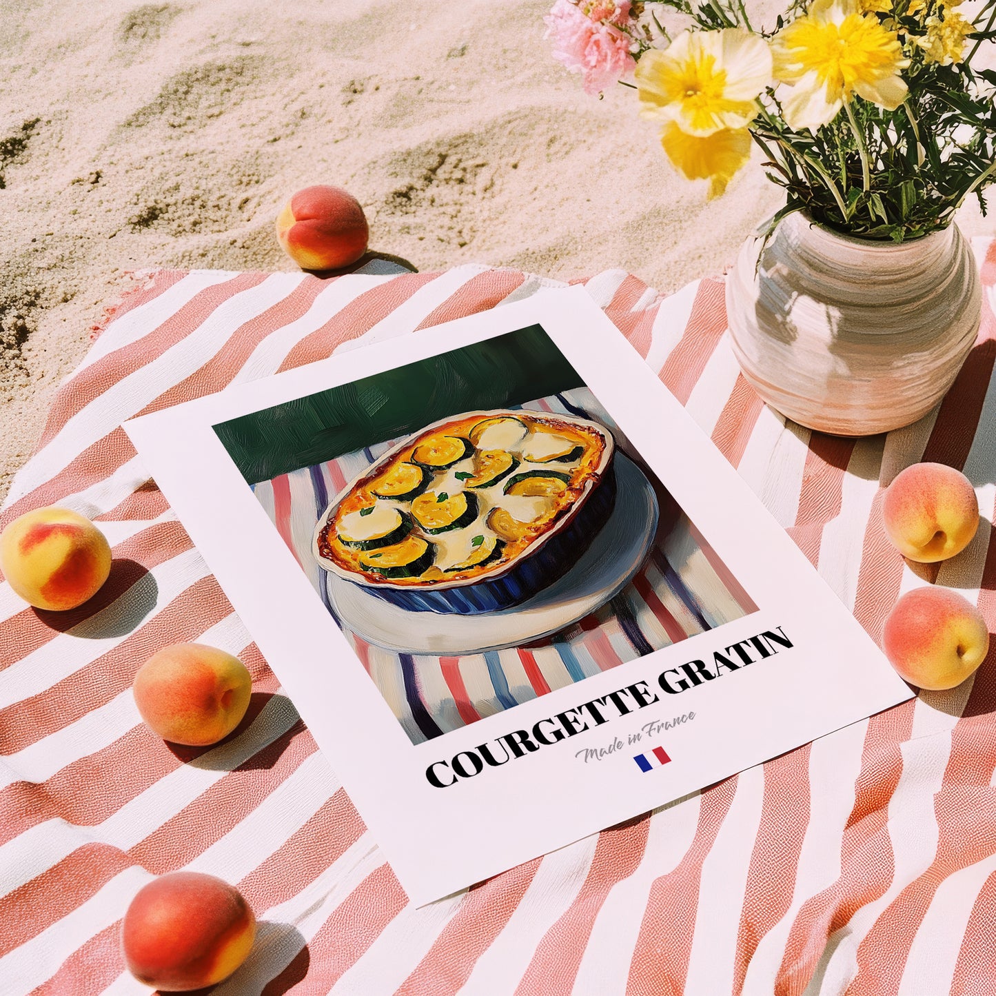 Courgette Gratin – on Striped Tablecloth, French Food Poster, unframed on coastal sand