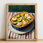 Courgette Gratin – on Striped Tablecloth, French Food Poster, no-text version framed in wood