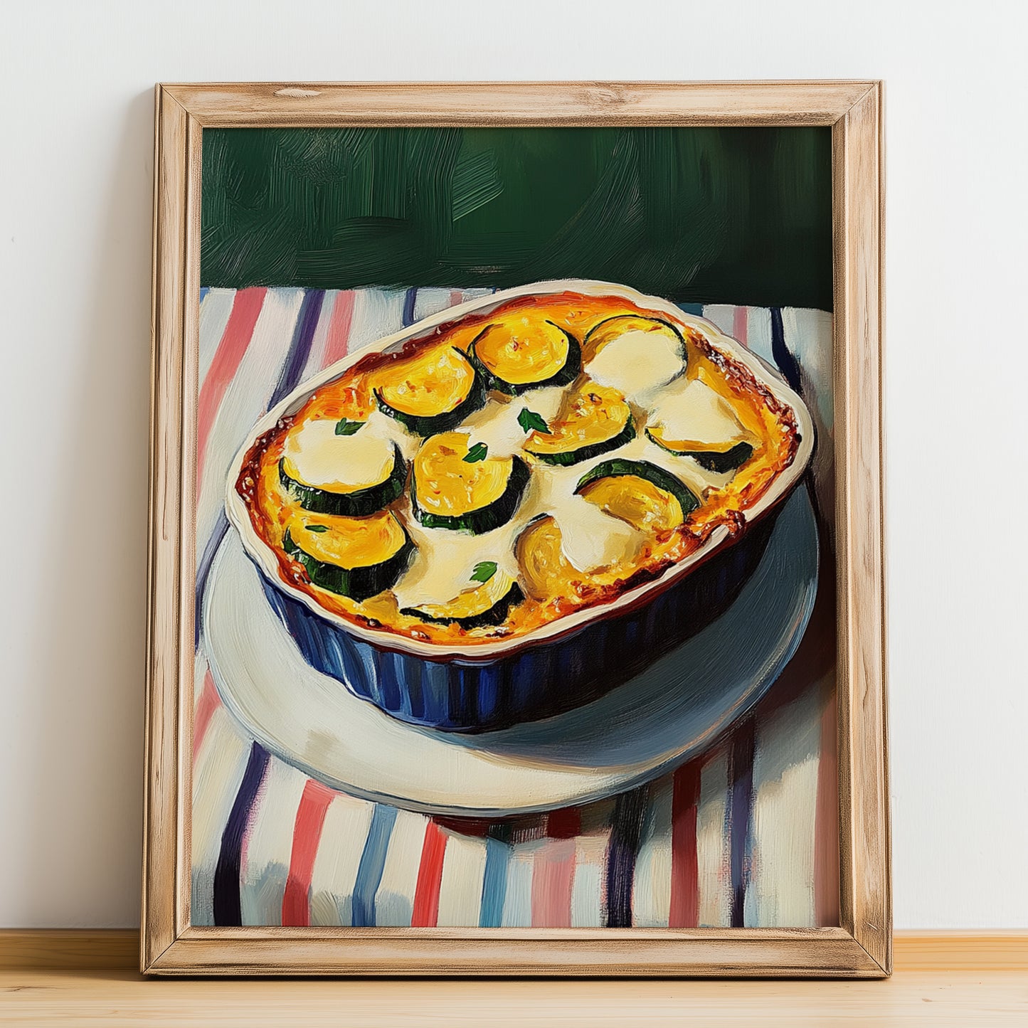 Courgette Gratin – on Striped Tablecloth, French Food Poster, no-text version framed in wood