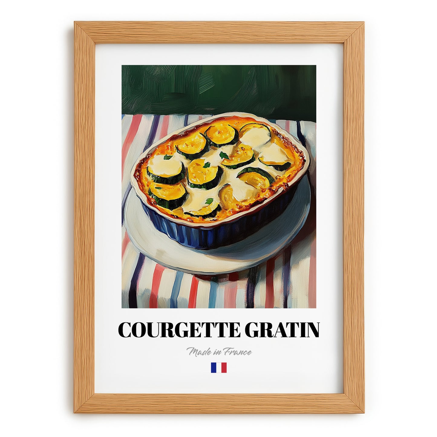 Courgette Gratin – on Striped Tablecloth, French Food Poster, set in oak frame