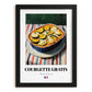 Courgette Gratin – on Striped Tablecloth, French Food Poster, in sleek black frame