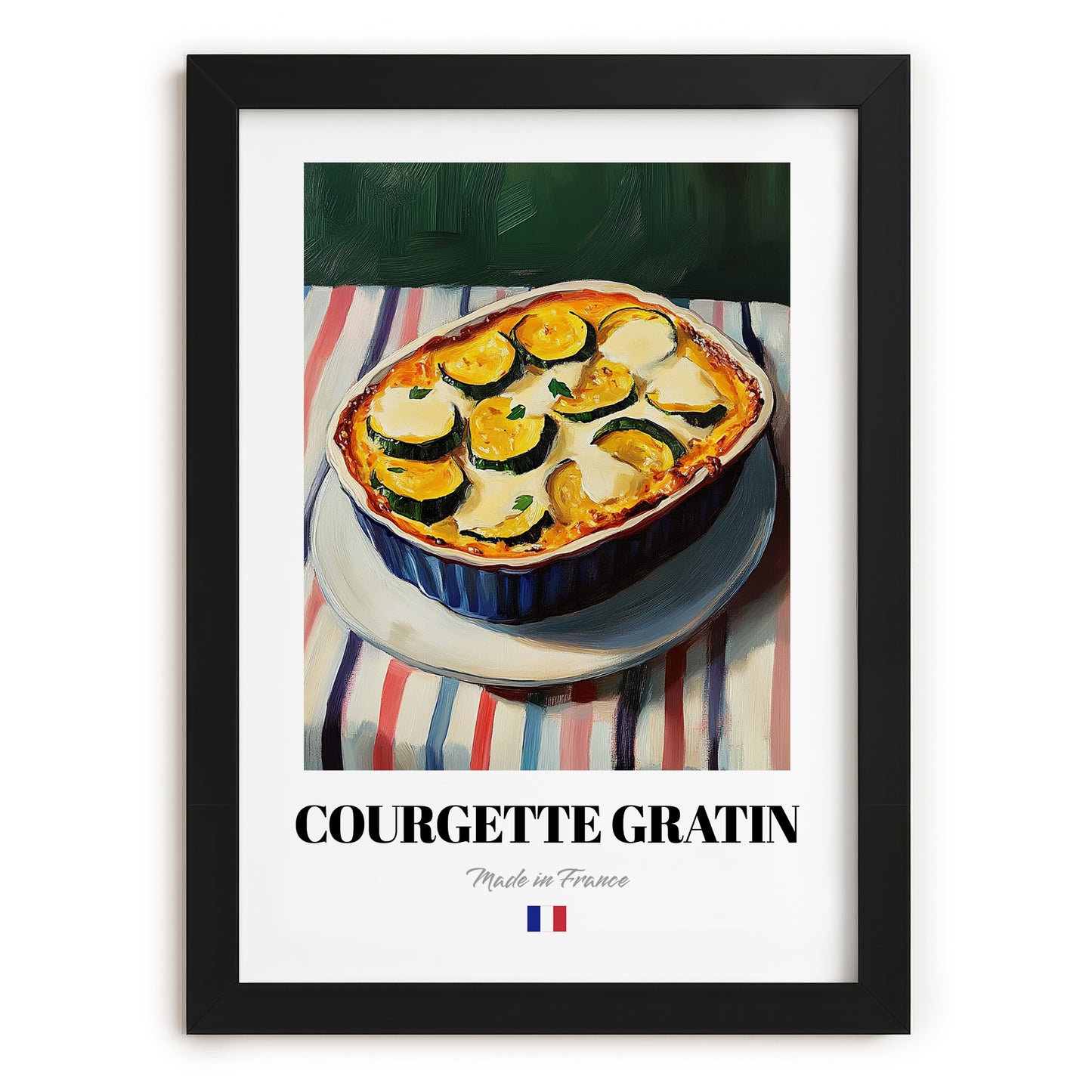 Courgette Gratin – on Striped Tablecloth, French Food Poster, in sleek black frame