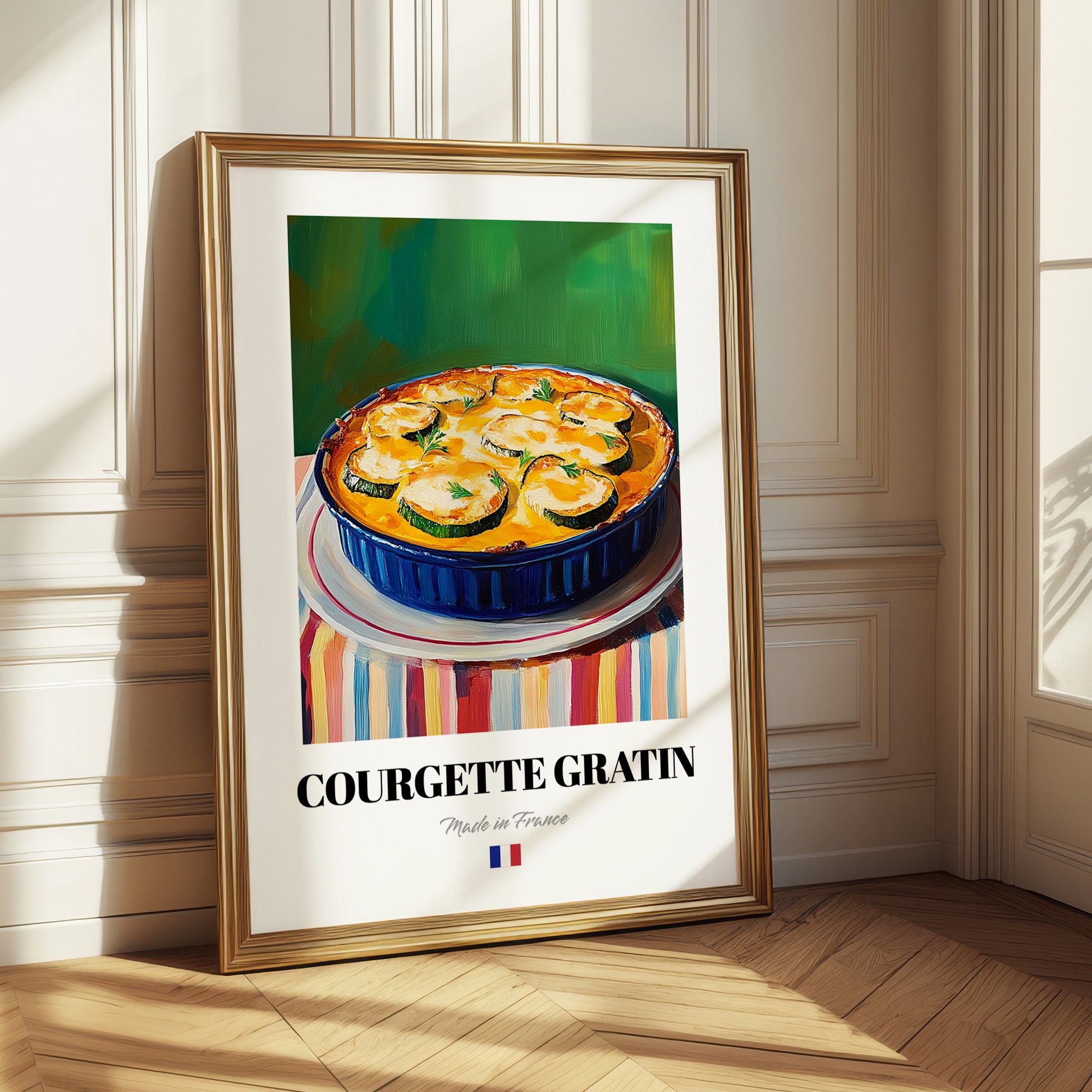 Courgette Gratin – Colorful Oil Painting, French Food Illustration