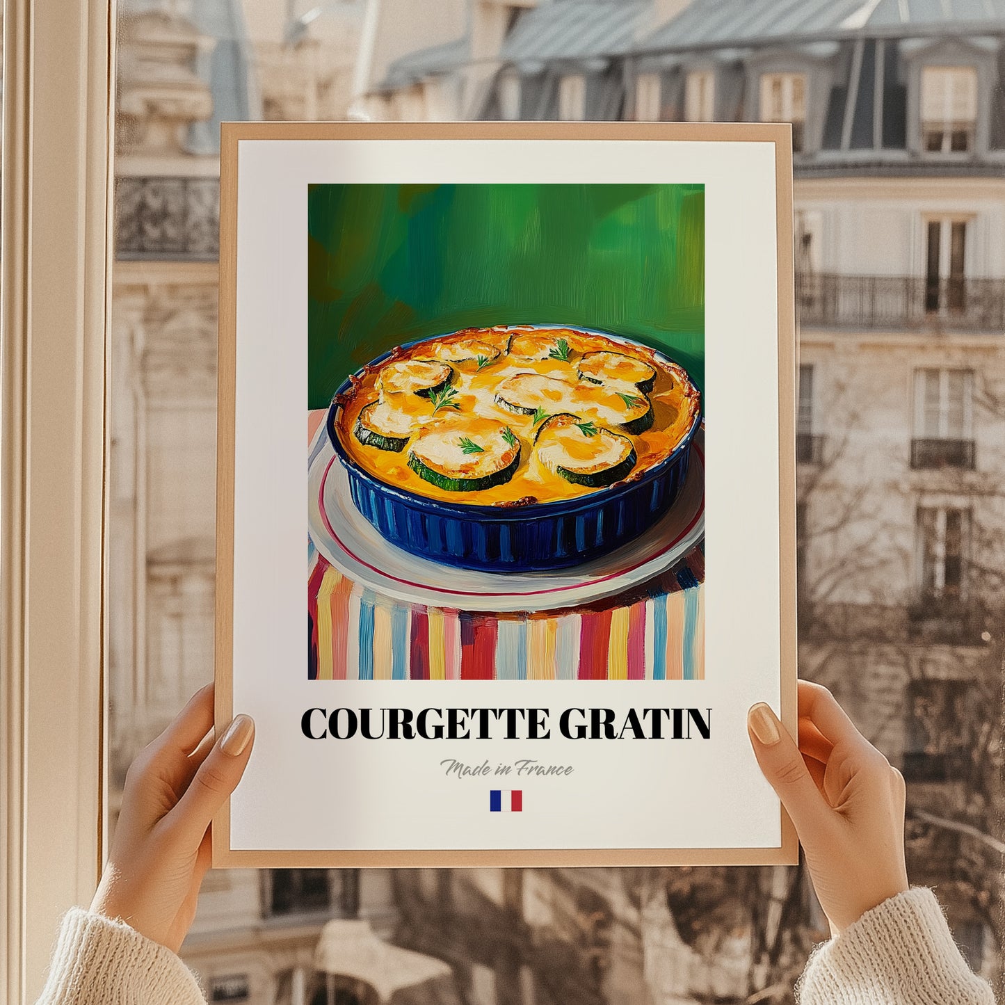 Courgette Gratin – Colorful Oil Painting, French Food Illustration, styled in a charming Paris street view