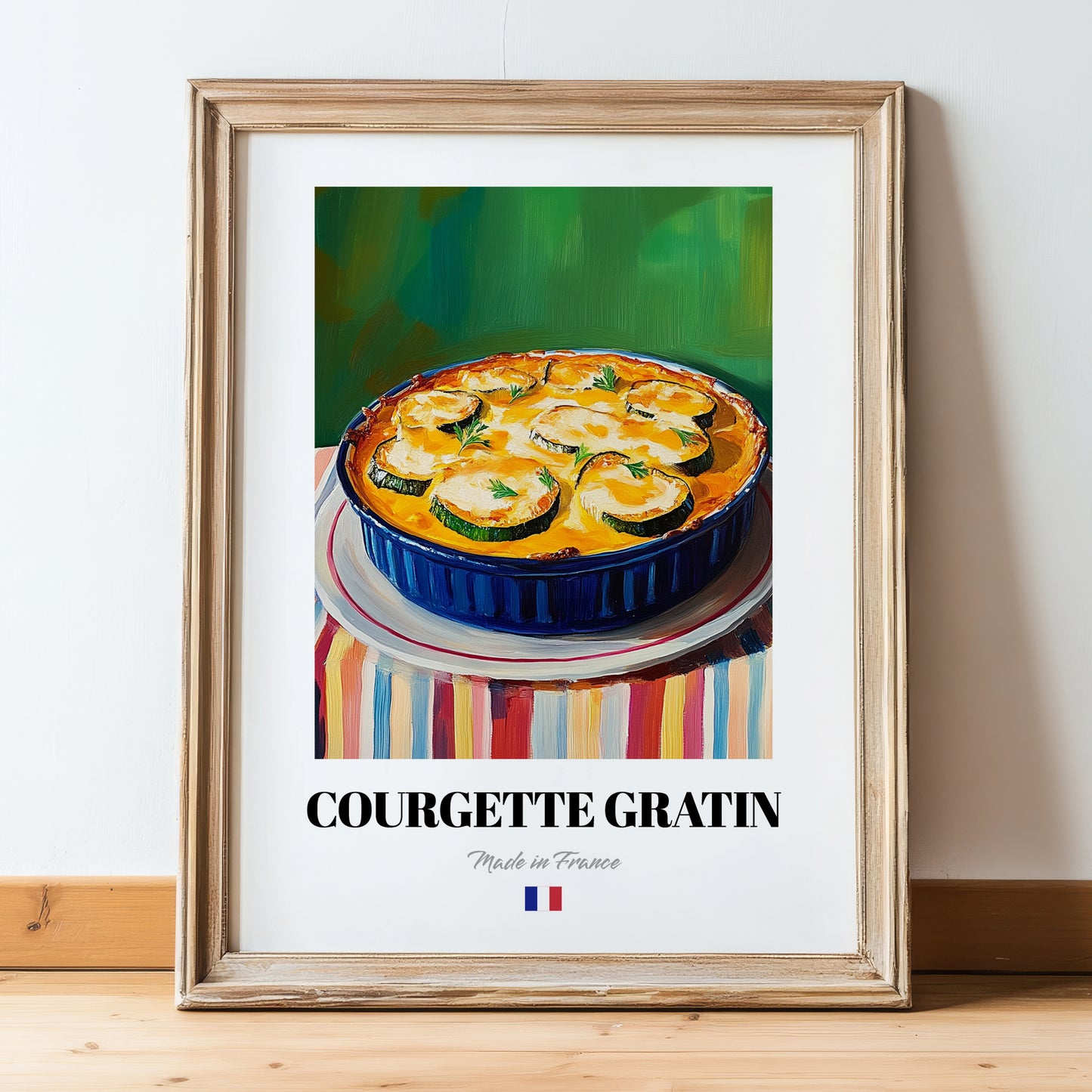 Courgette Gratin – Colorful Oil Painting, French Food Illustration, in wooden frame leaning on the floor