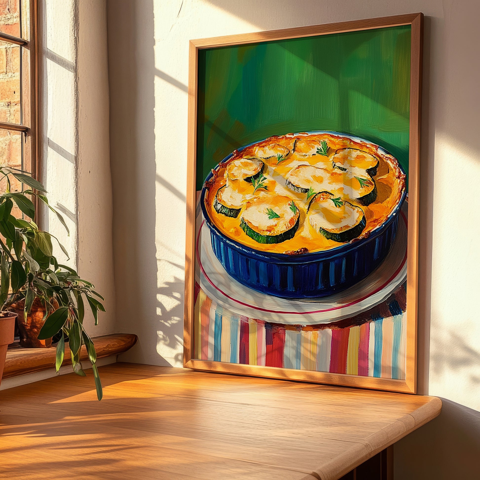 Courgette Gratin – Colorful Oil Painting, French Food Illustration, clean layout with no caption