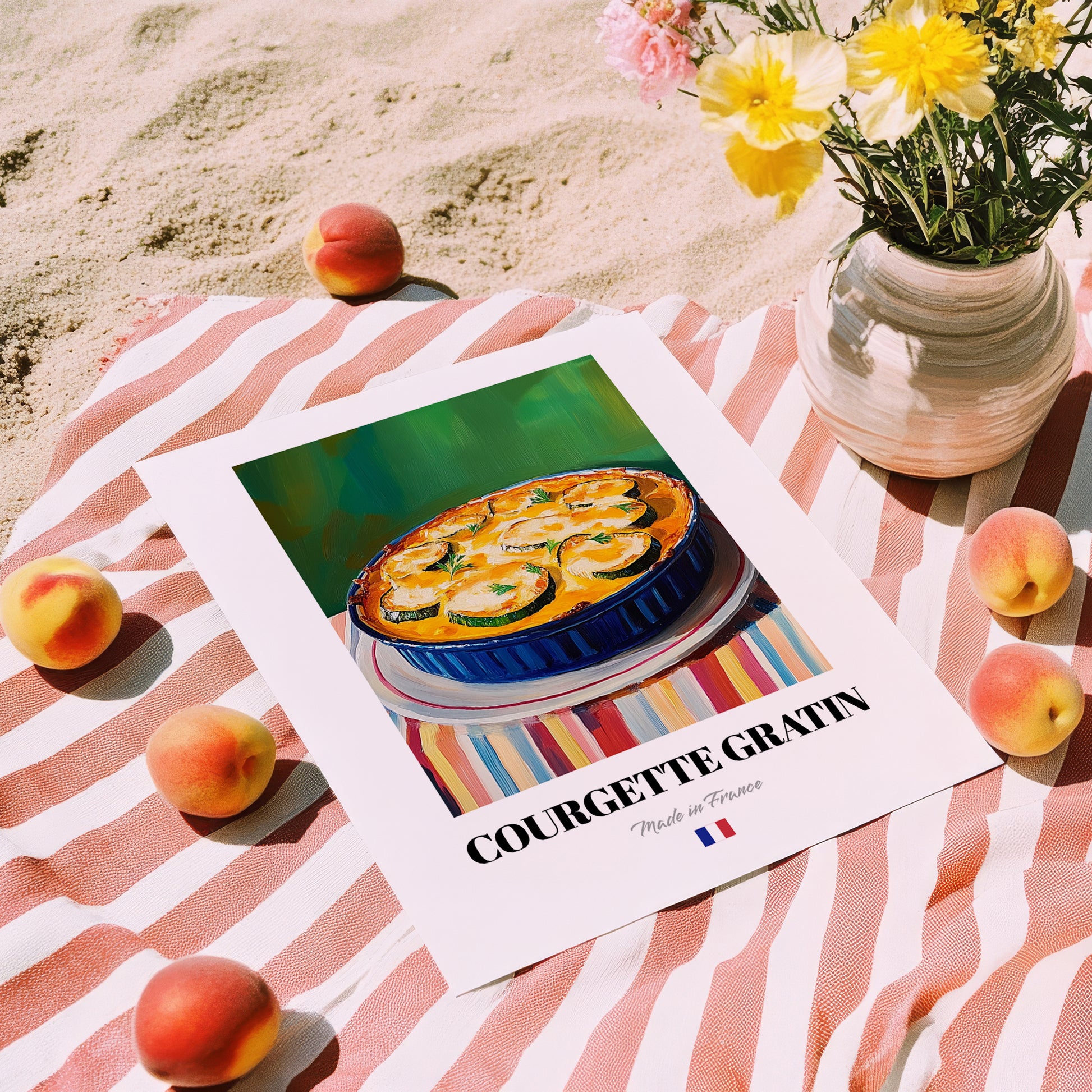 Courgette Gratin – Colorful Oil Painting, French Food Illustration, unframed on coastal sand