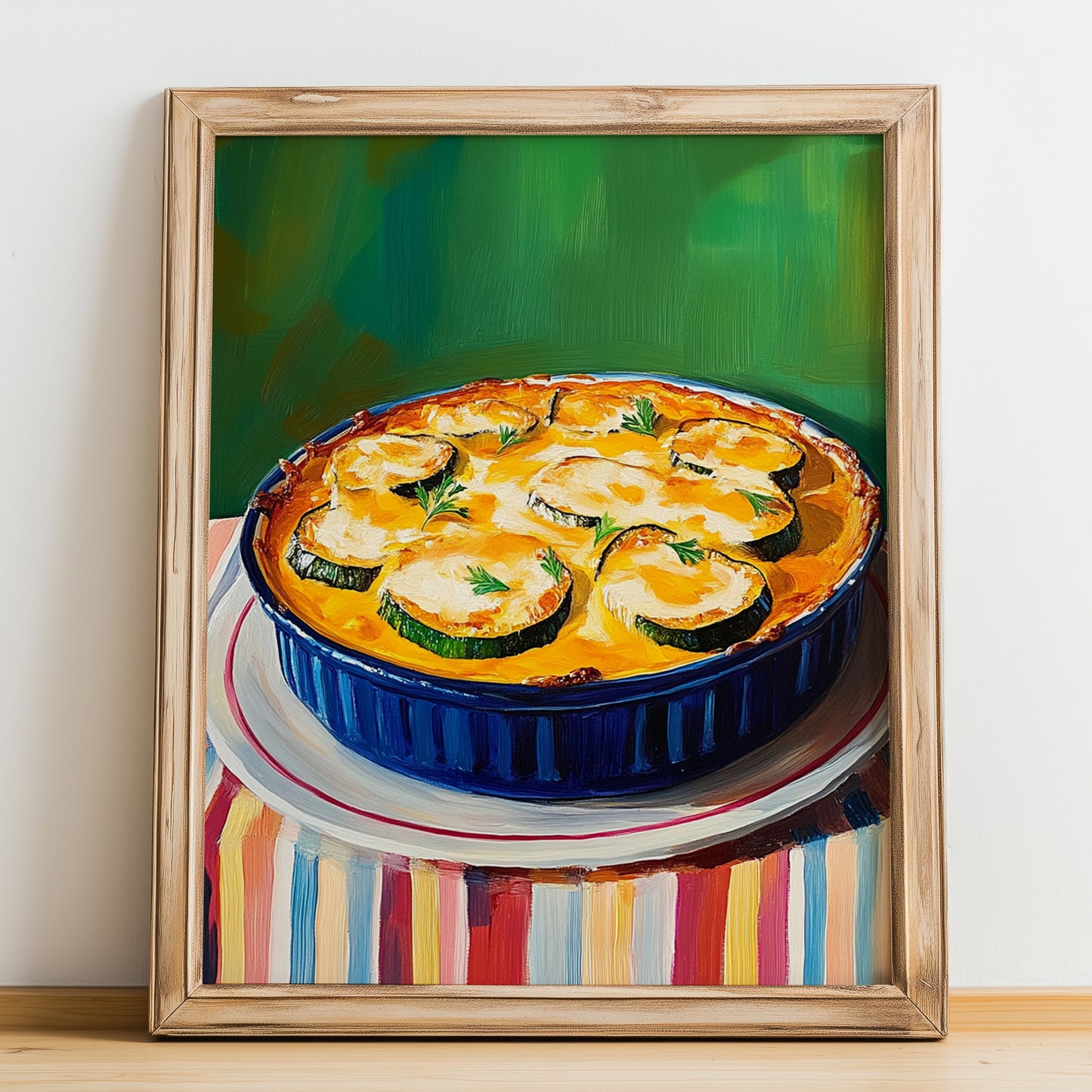 Courgette Gratin – Colorful Oil Painting, French Food Illustration, no-text version framed in wood