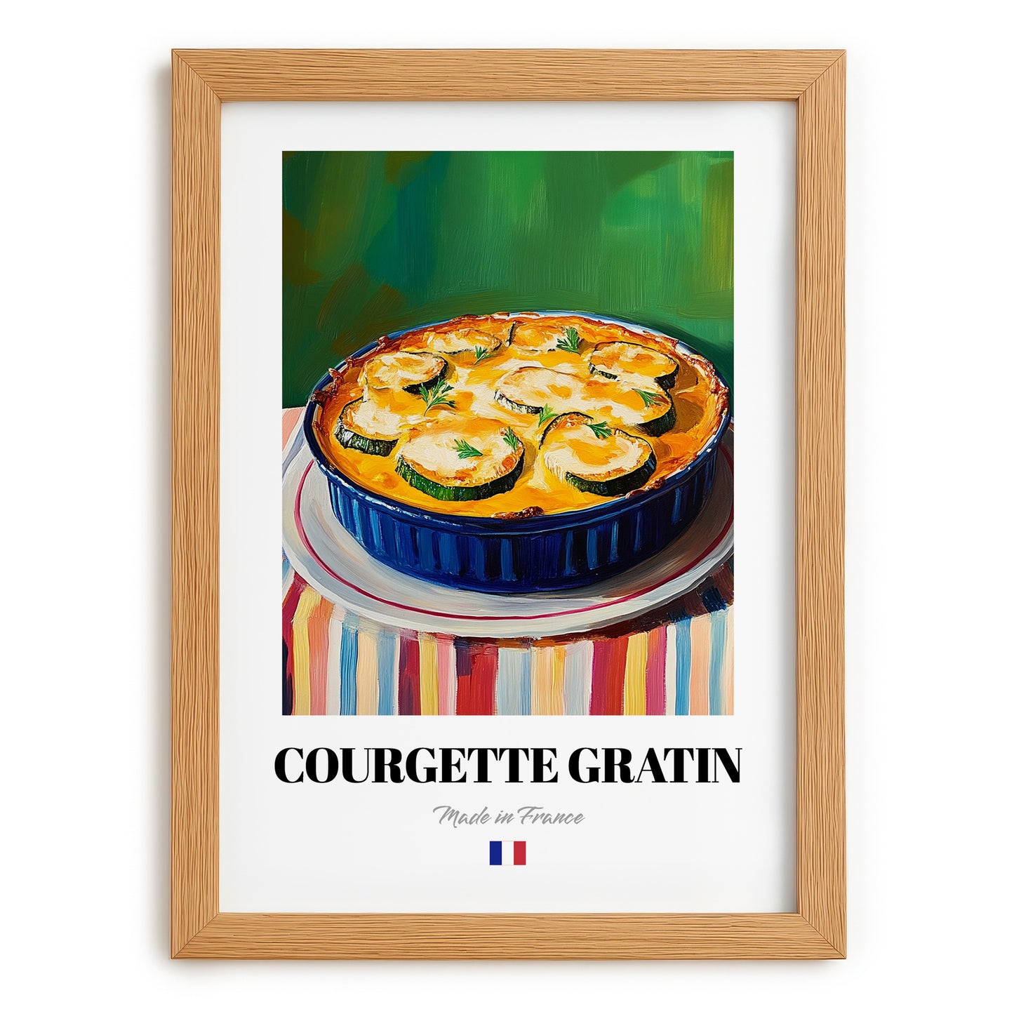 Courgette Gratin – Colorful Oil Painting, French Food Illustration, set in oak frame
