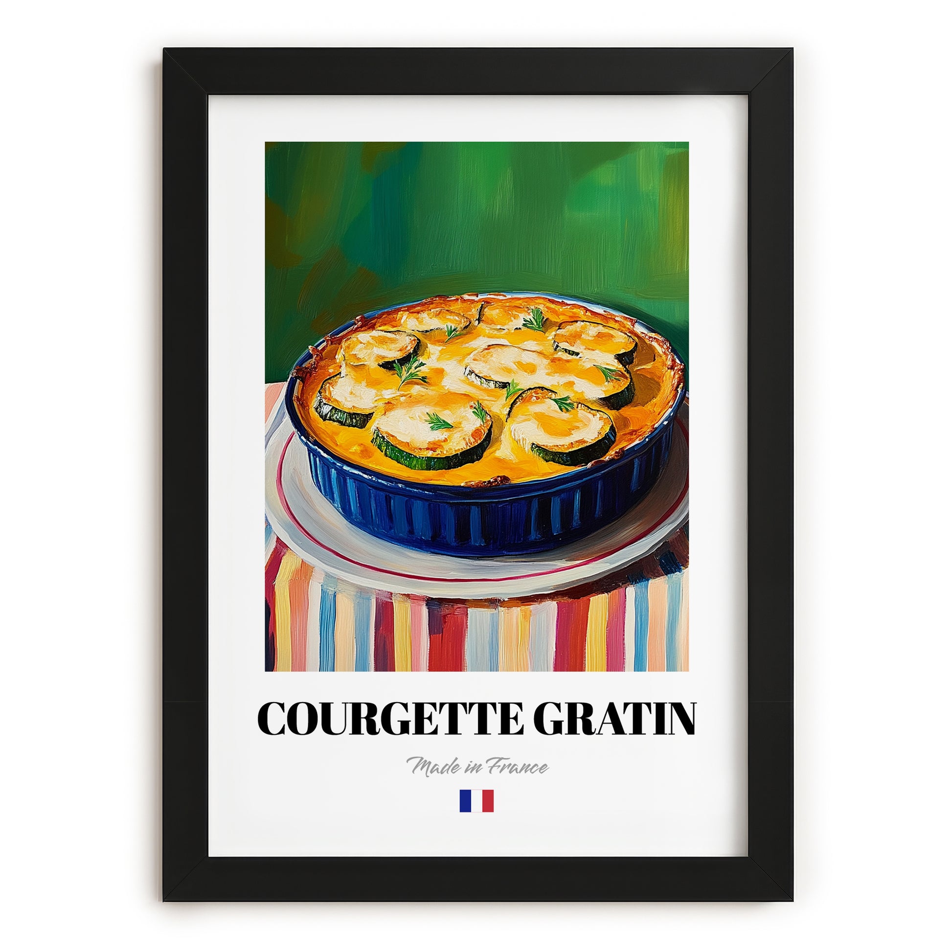 Courgette Gratin – Colorful Oil Painting, French Food Illustration, in sleek black frame