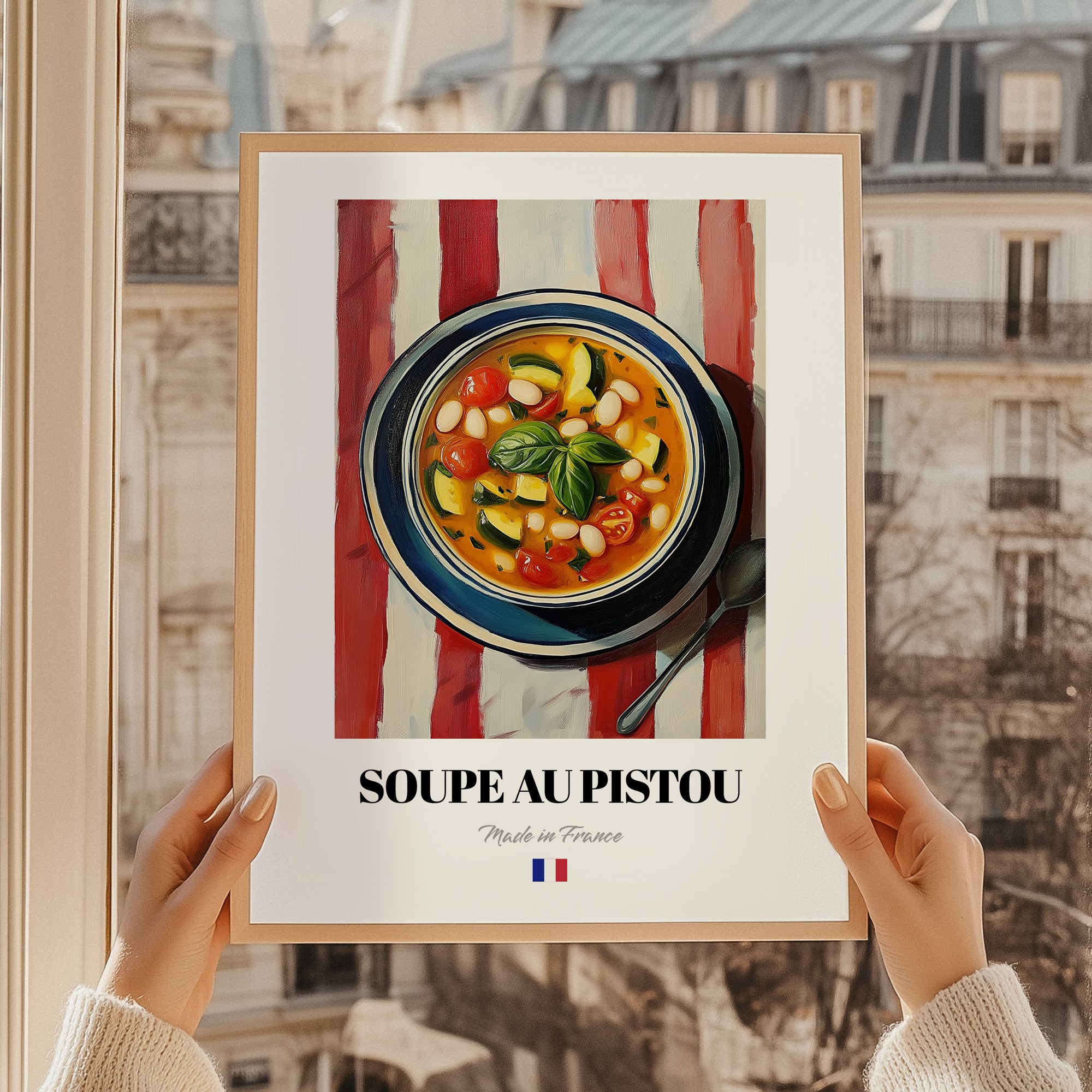 Soupe au Pistou – on Striped Tablecloth, French Food Illustration, styled in a charming Paris street view