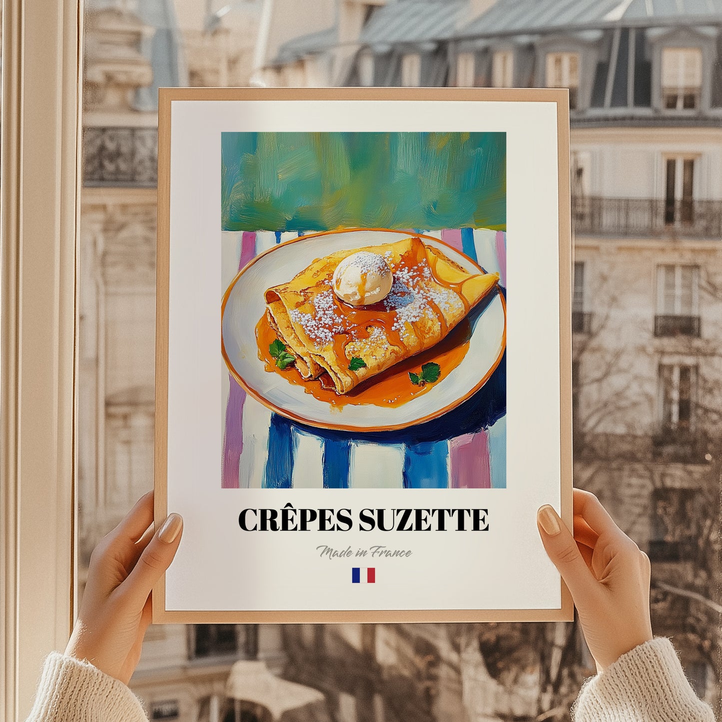 Crêpes Suzette – Art, French French Dessert Painting, styled in a charming Paris street view