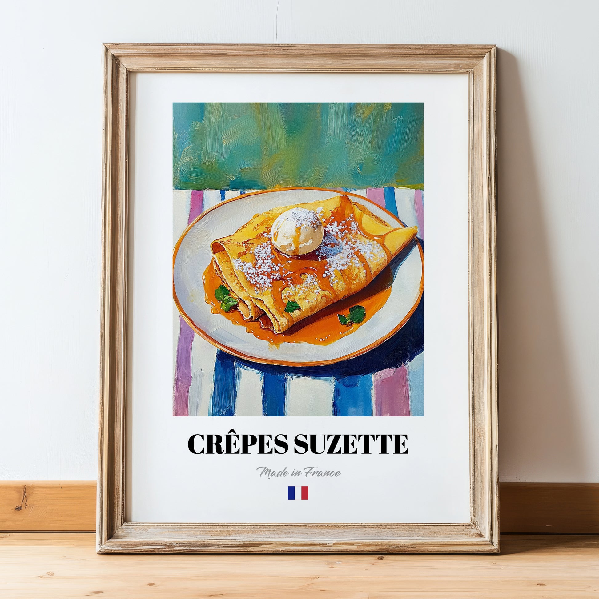 Crêpes Suzette – Art, French French Dessert Painting, in wooden frame leaning on the floor