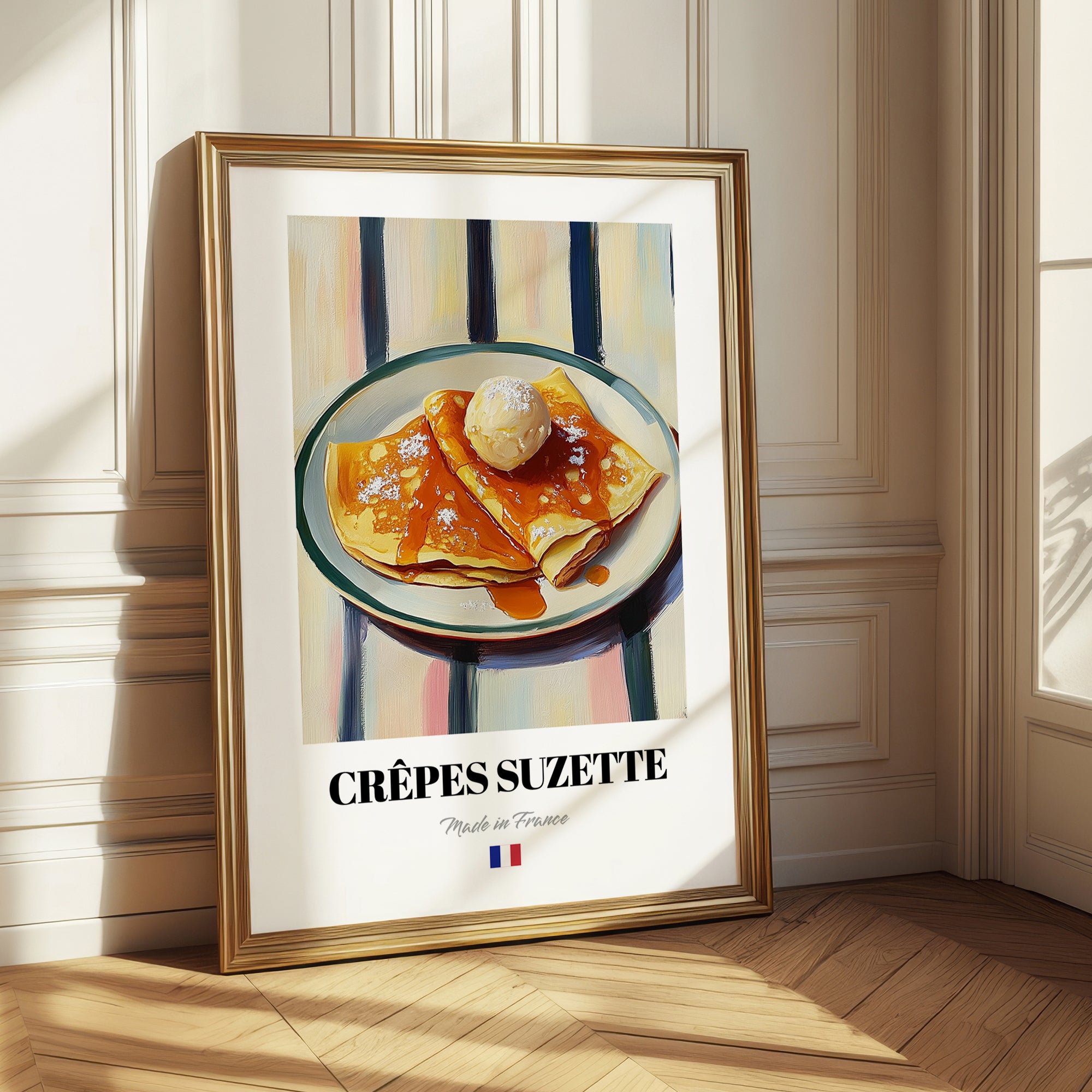 Crêpes Suzette – on Striped Tablecloth, French French Dessert Wall Decor 