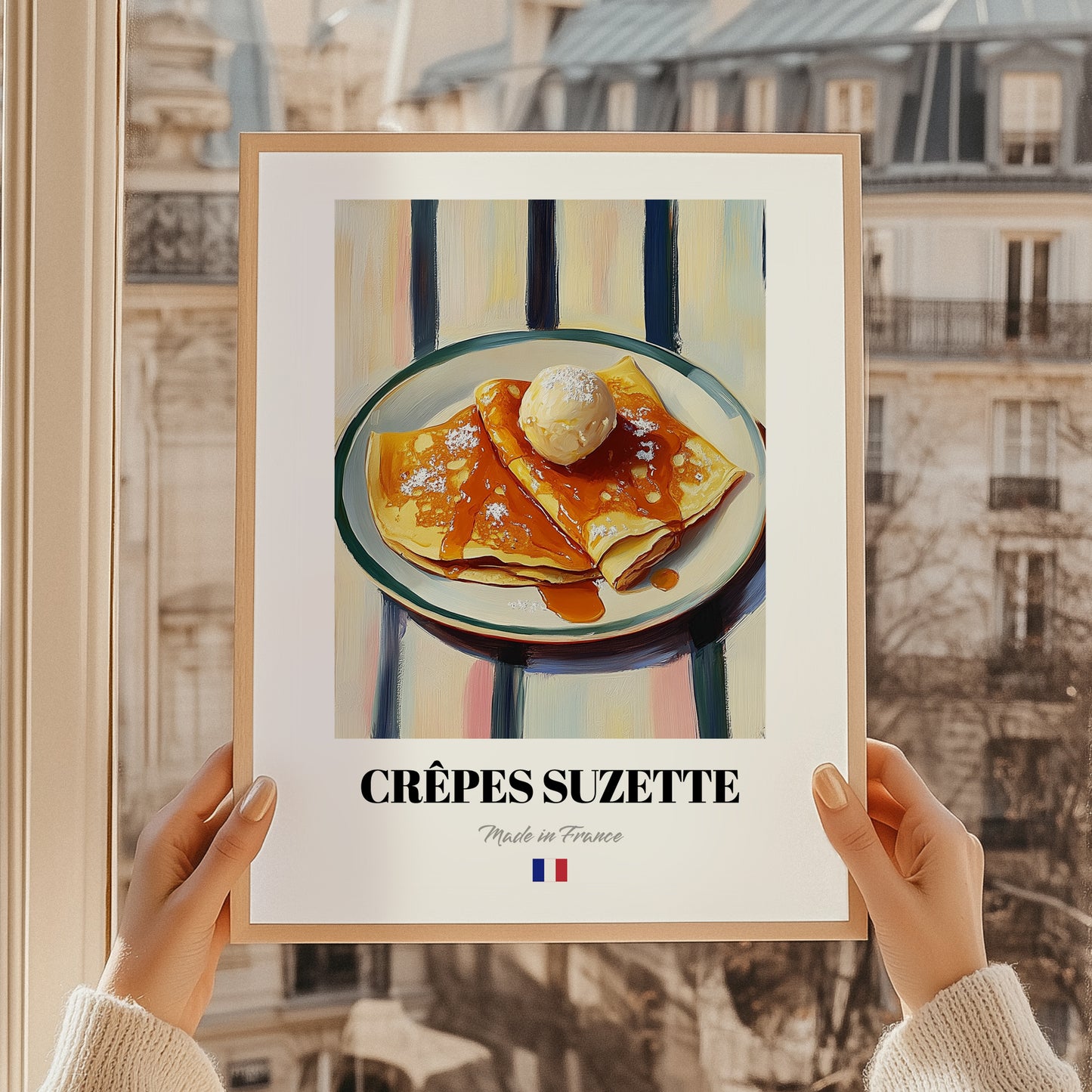 Crêpes Suzette – on Striped Tablecloth, French French Dessert Wall Decor, styled in a charming Paris street view