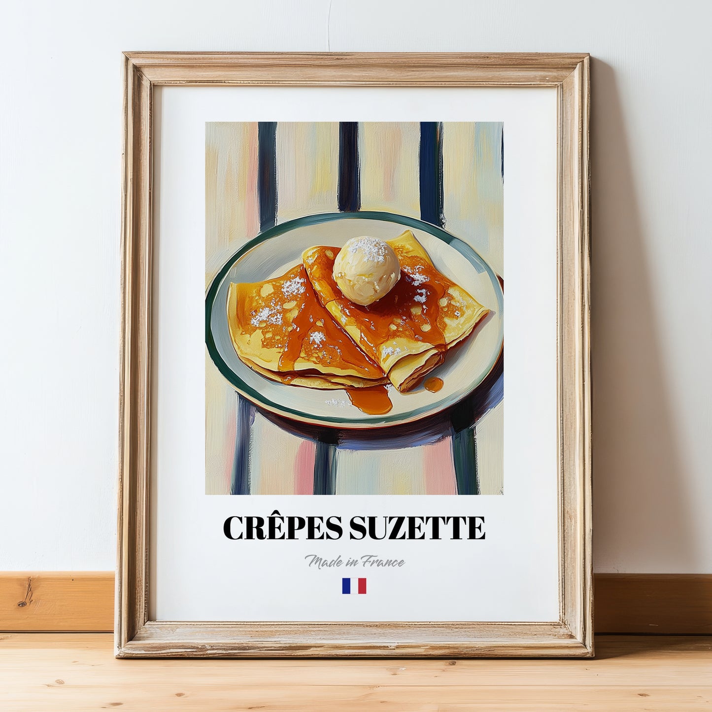 Crêpes Suzette – on Striped Tablecloth, French French Dessert Wall Decor, in wooden frame leaning on the floor